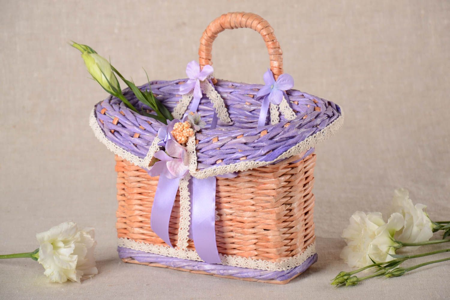 Beautiful handmade woven basket designer basket woven of paper tubes gift ideas photo 1