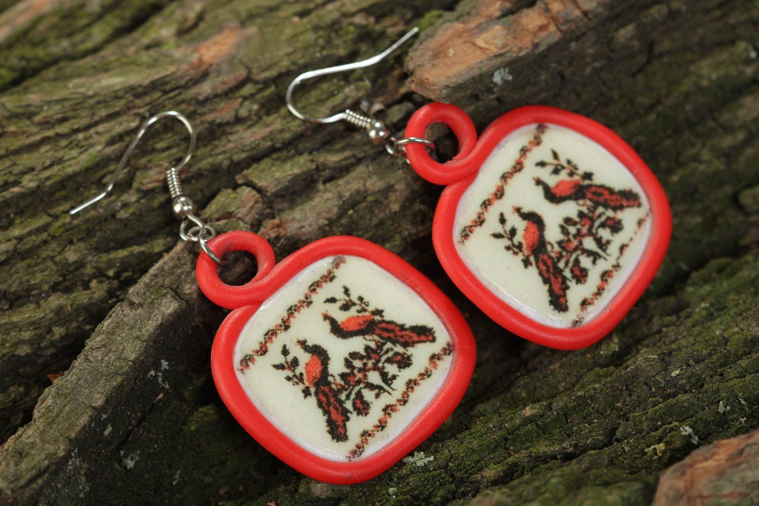 Handmade polymer clay square dangling earrings with pattern in ethnic style photo 1