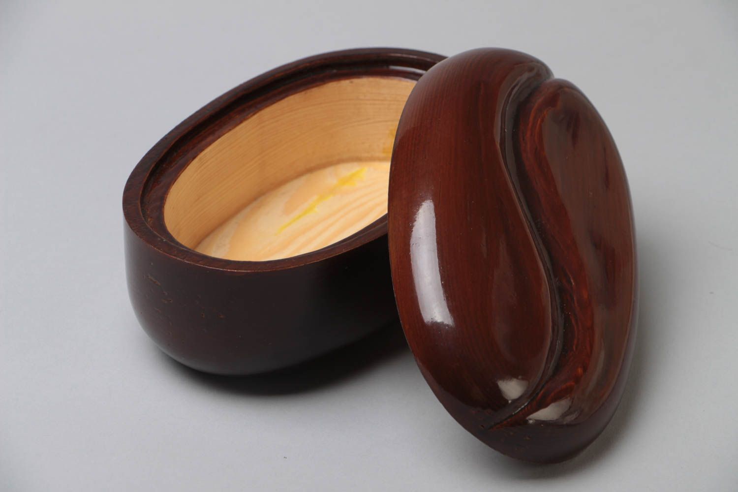 Dark glossing handmade carved wooden jewelry box in the shape of coffee grain photo 3