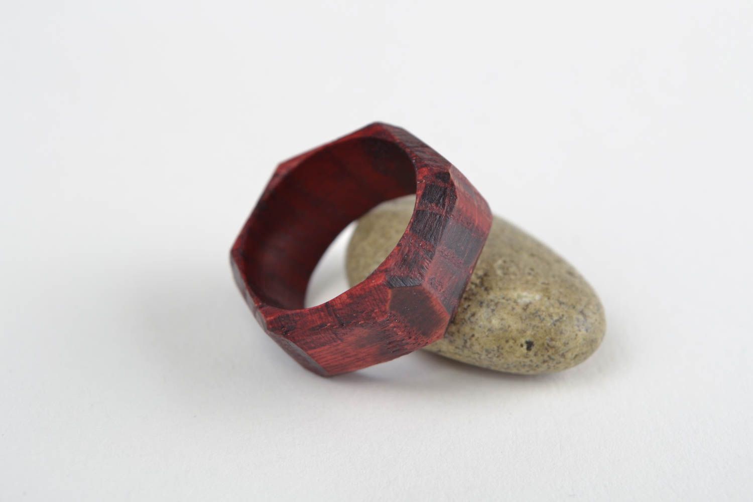 Handmade laconic designer jewelry ring carved of natural oak wood of red color photo 1