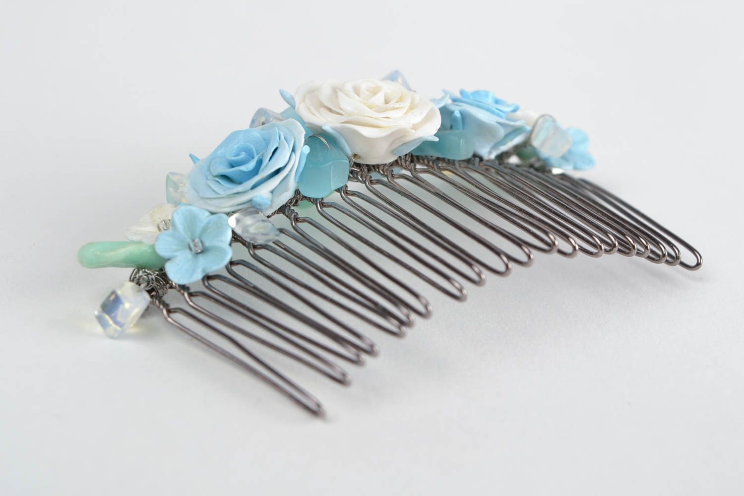 Handmade decorative hair comb with polymer clay blue flowers and moon stone photo 5