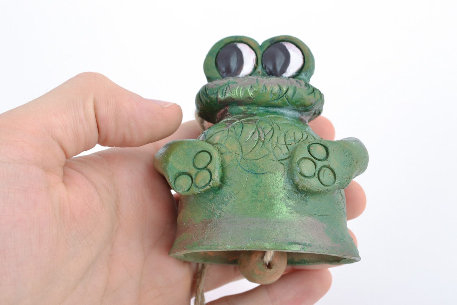 Small handmade funny decorative ceramic hanging bell in the shape of green frog photo 2