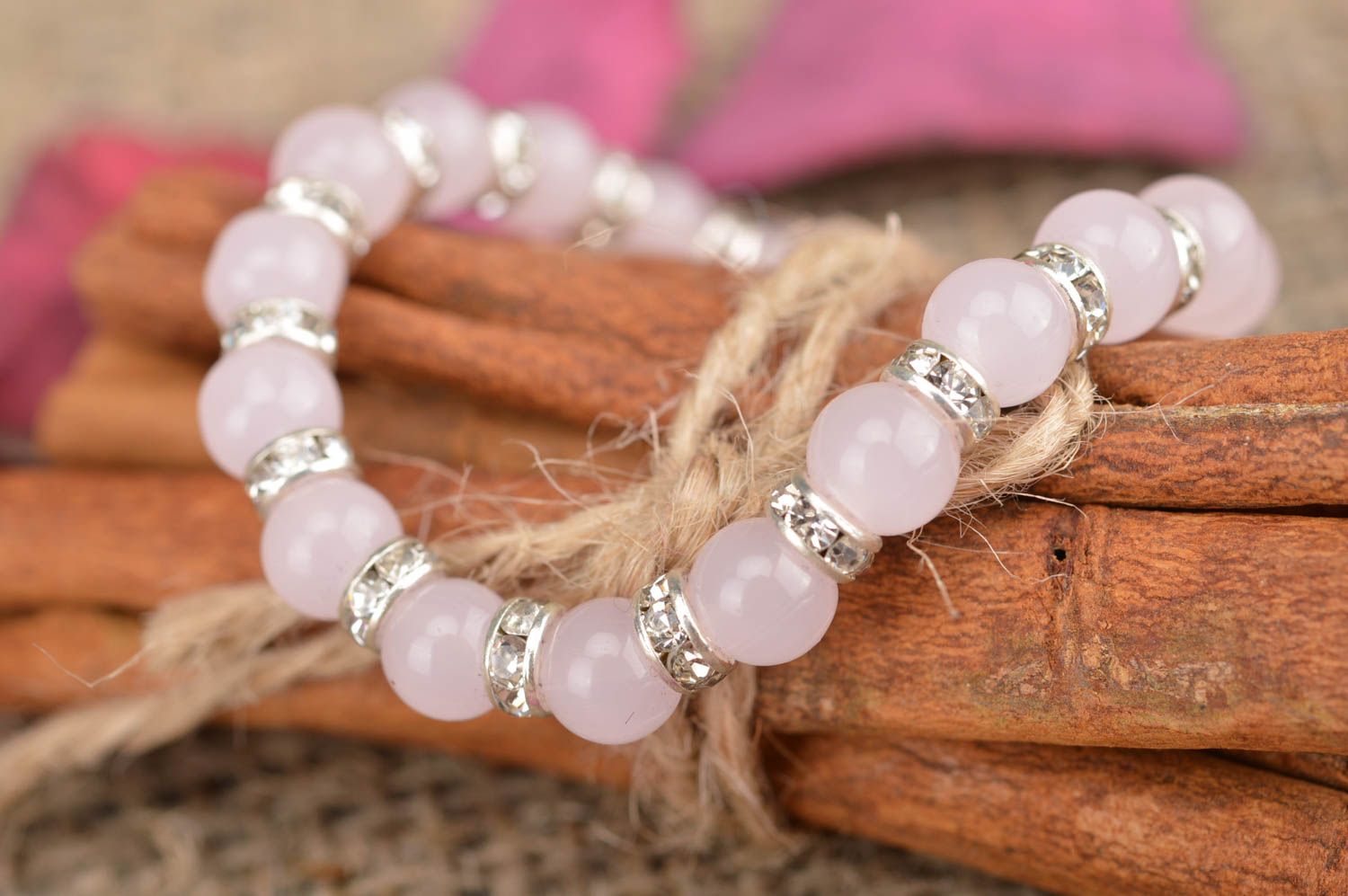 Beautiful handmade designer stretch wrist bracelet with gentle pink beads photo 1