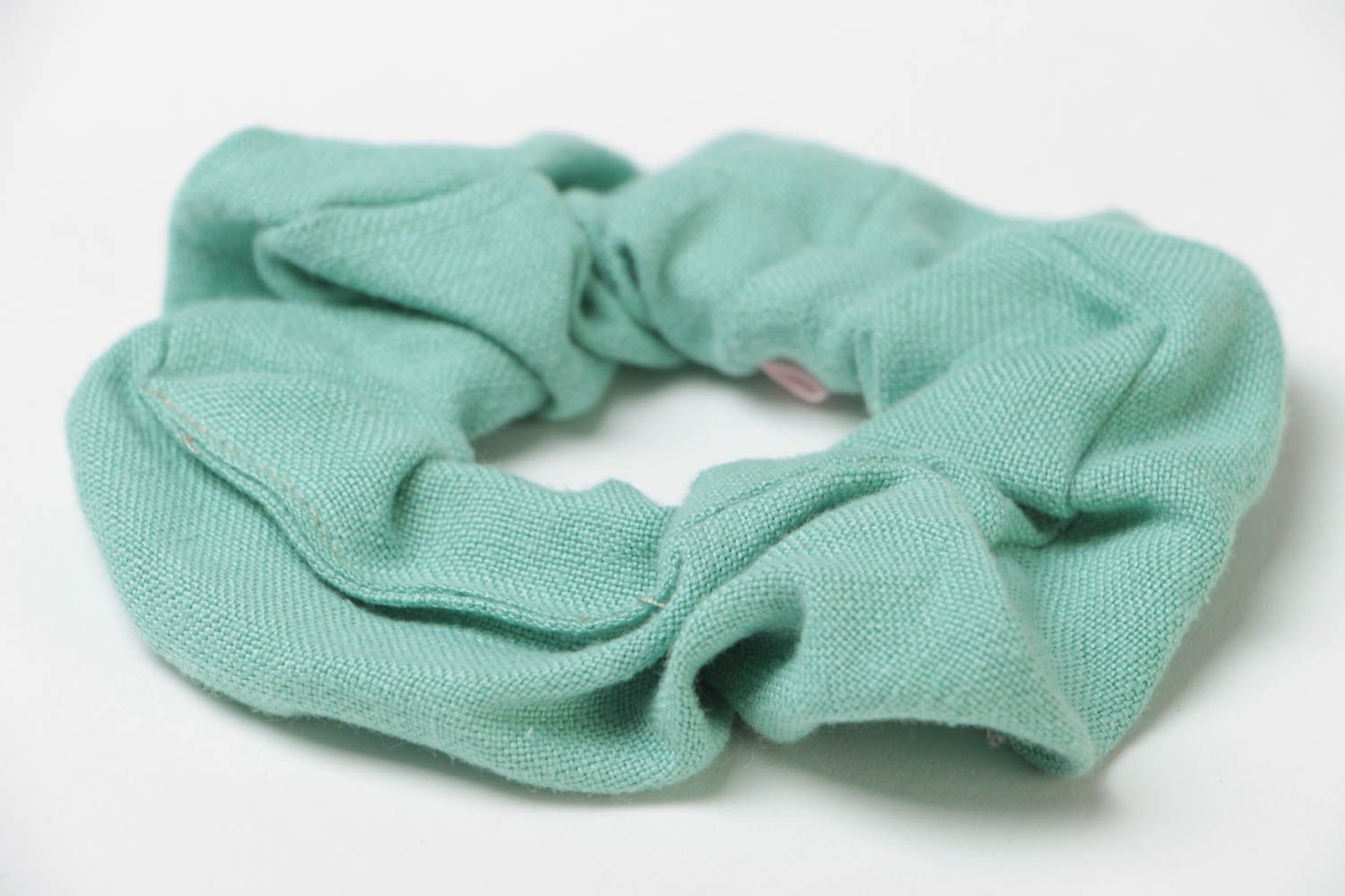 Unusual textile handmade linen fabric hair tie of mint color photo 3