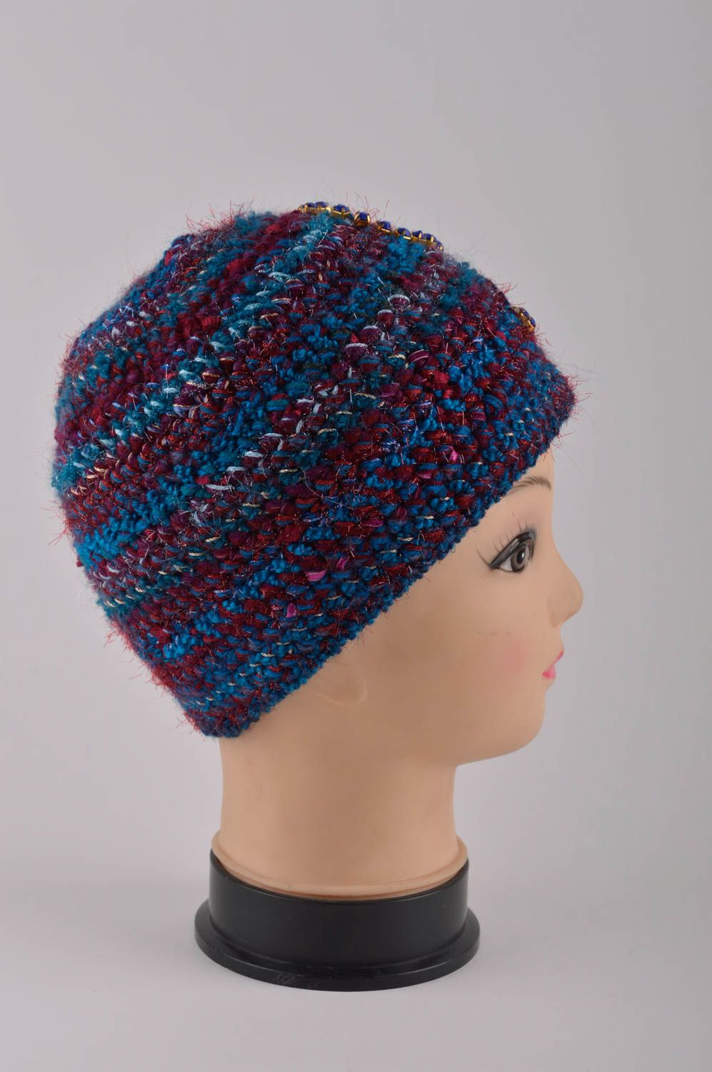 Зимняя шапка ручной работы теплая шапка нарядная шерстяная шапка синяя фото 4