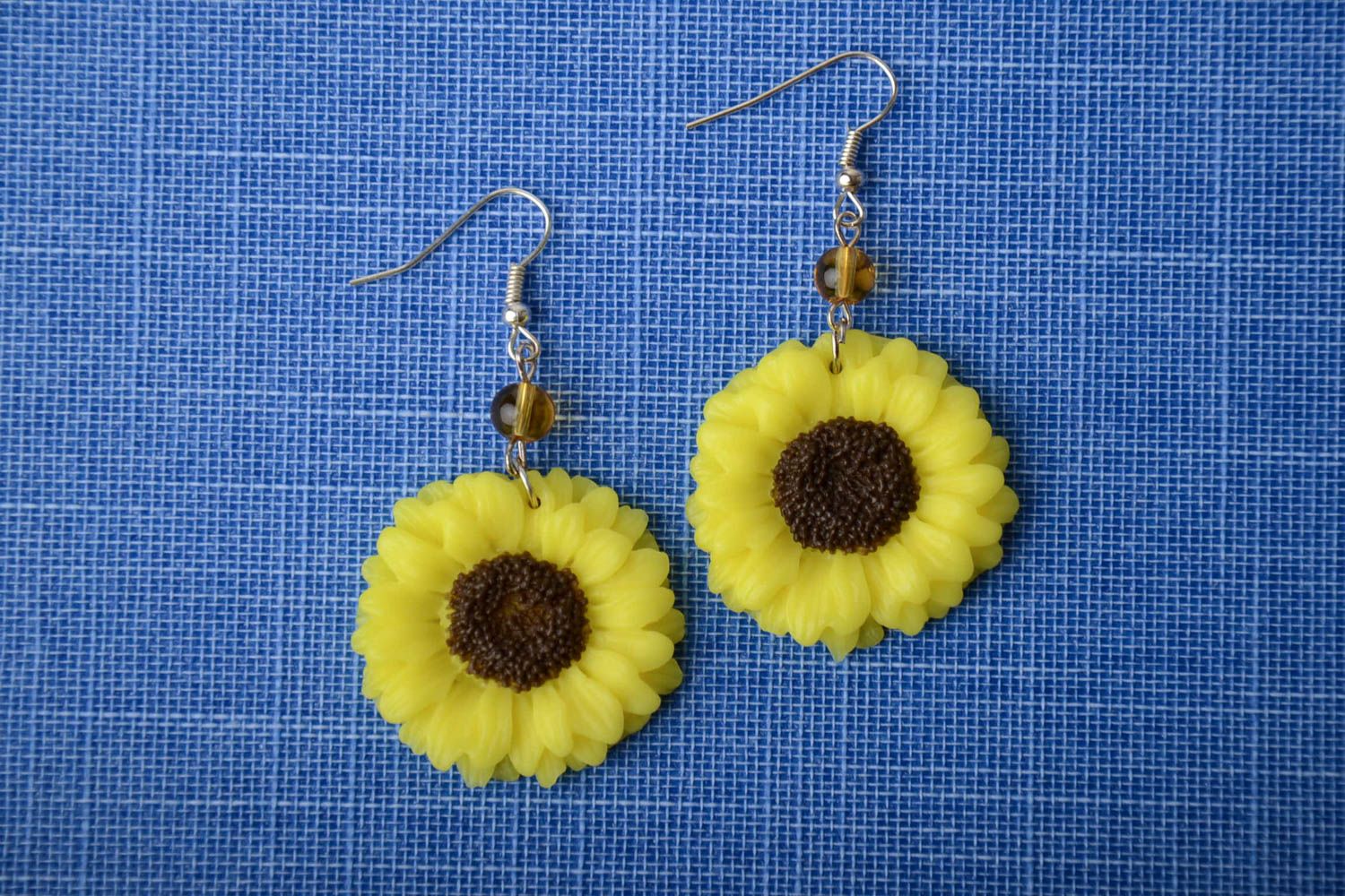 Handmade floral yellow and black polymer clay dangling earrings Sunflowers photo 1