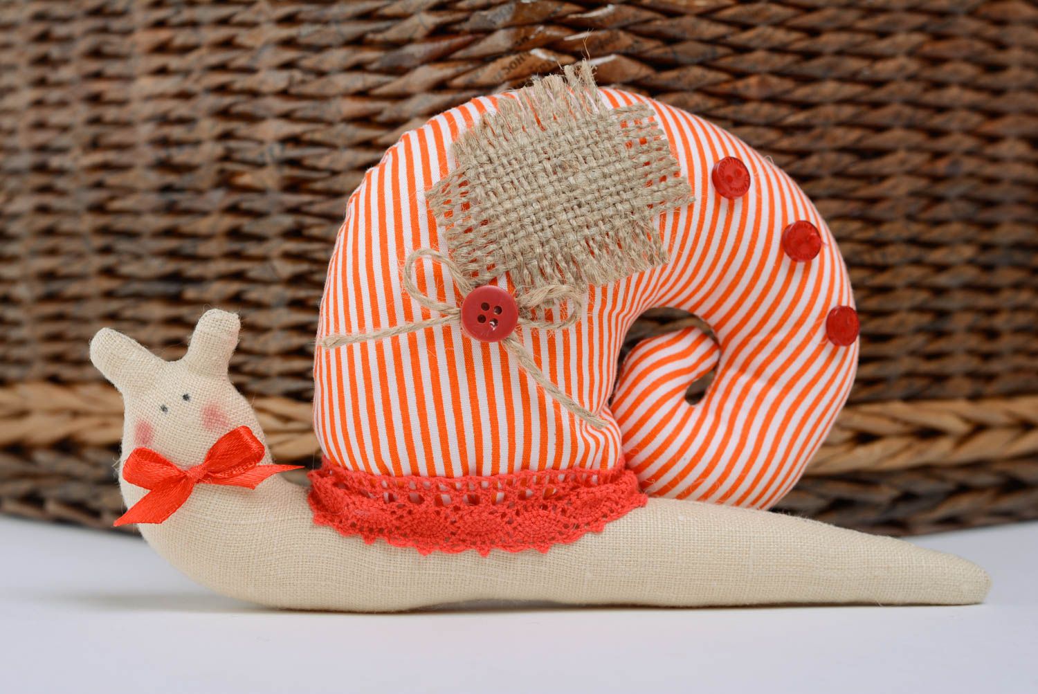 Soft snail toy made of cotton and holofiber red striped toy for home decor photo 5