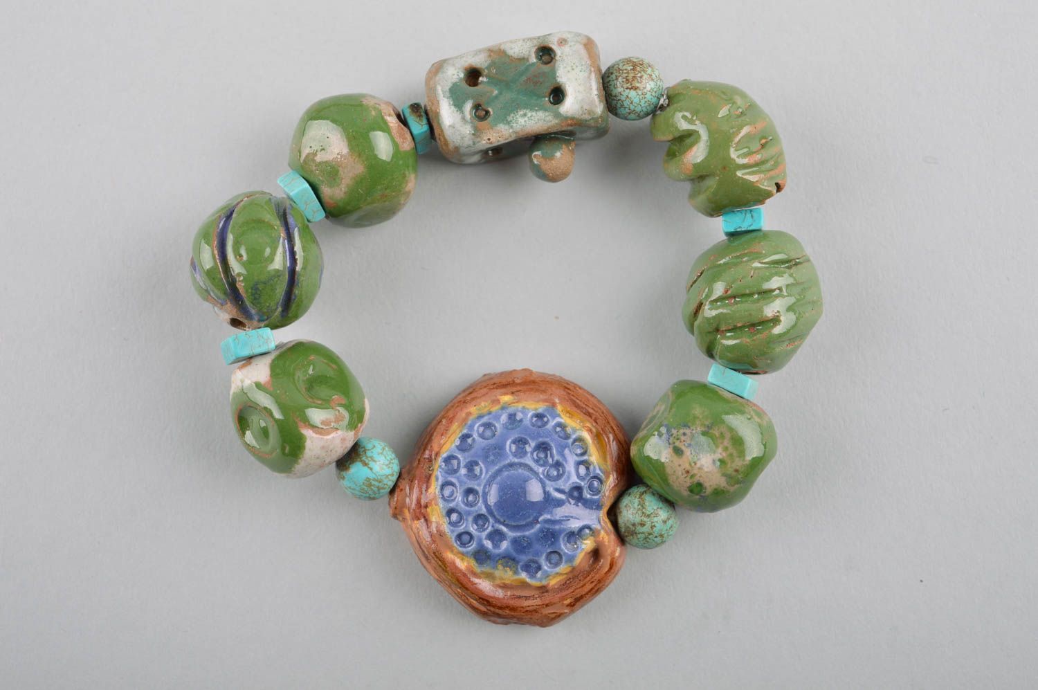 Bracelet céramique Bijou fait main vert style ethnique Cadeau pour femme écolo photo 2