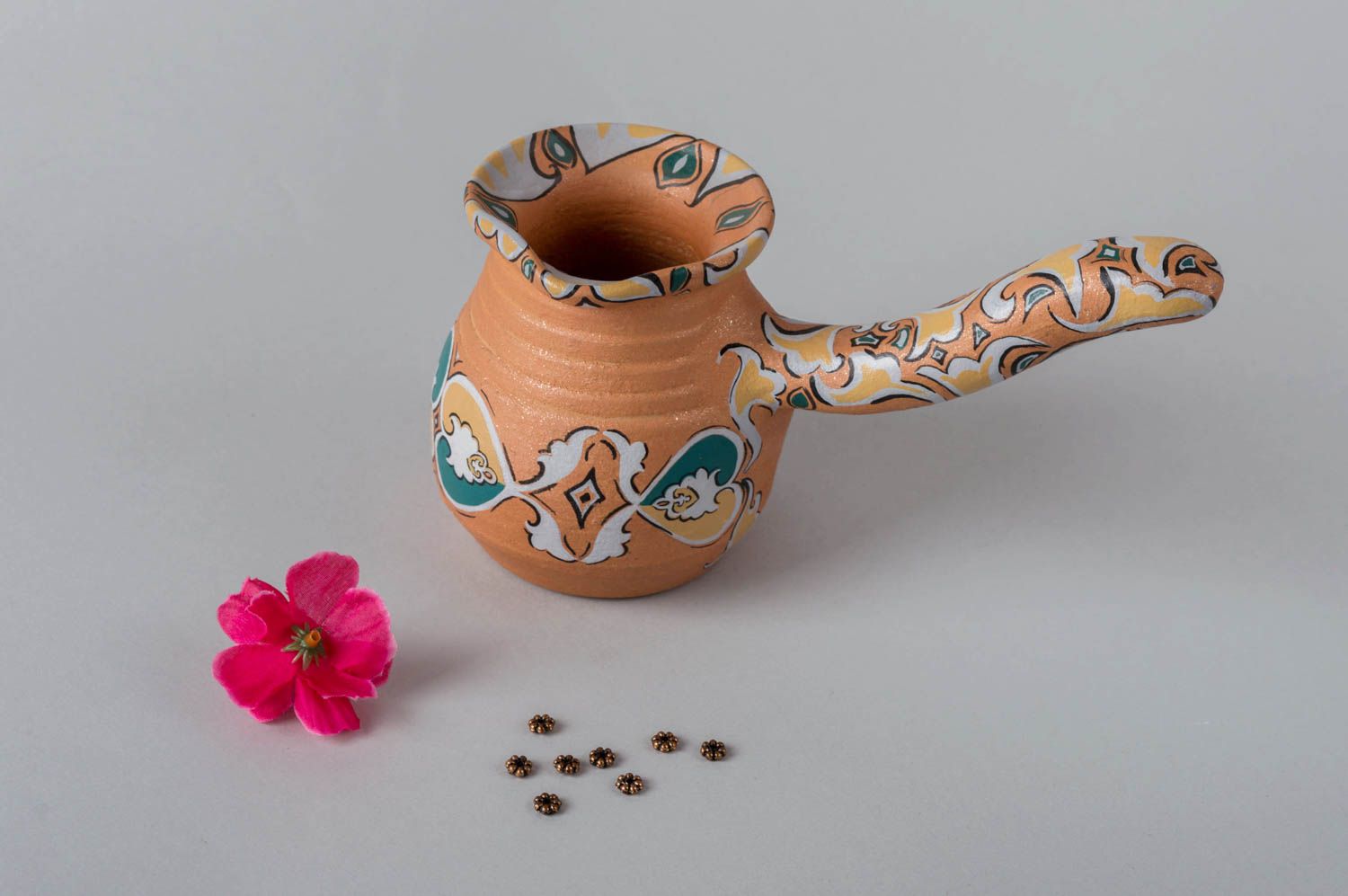 Керамическая турка с авторской росписью в этническом стиле ручной работы фото 1