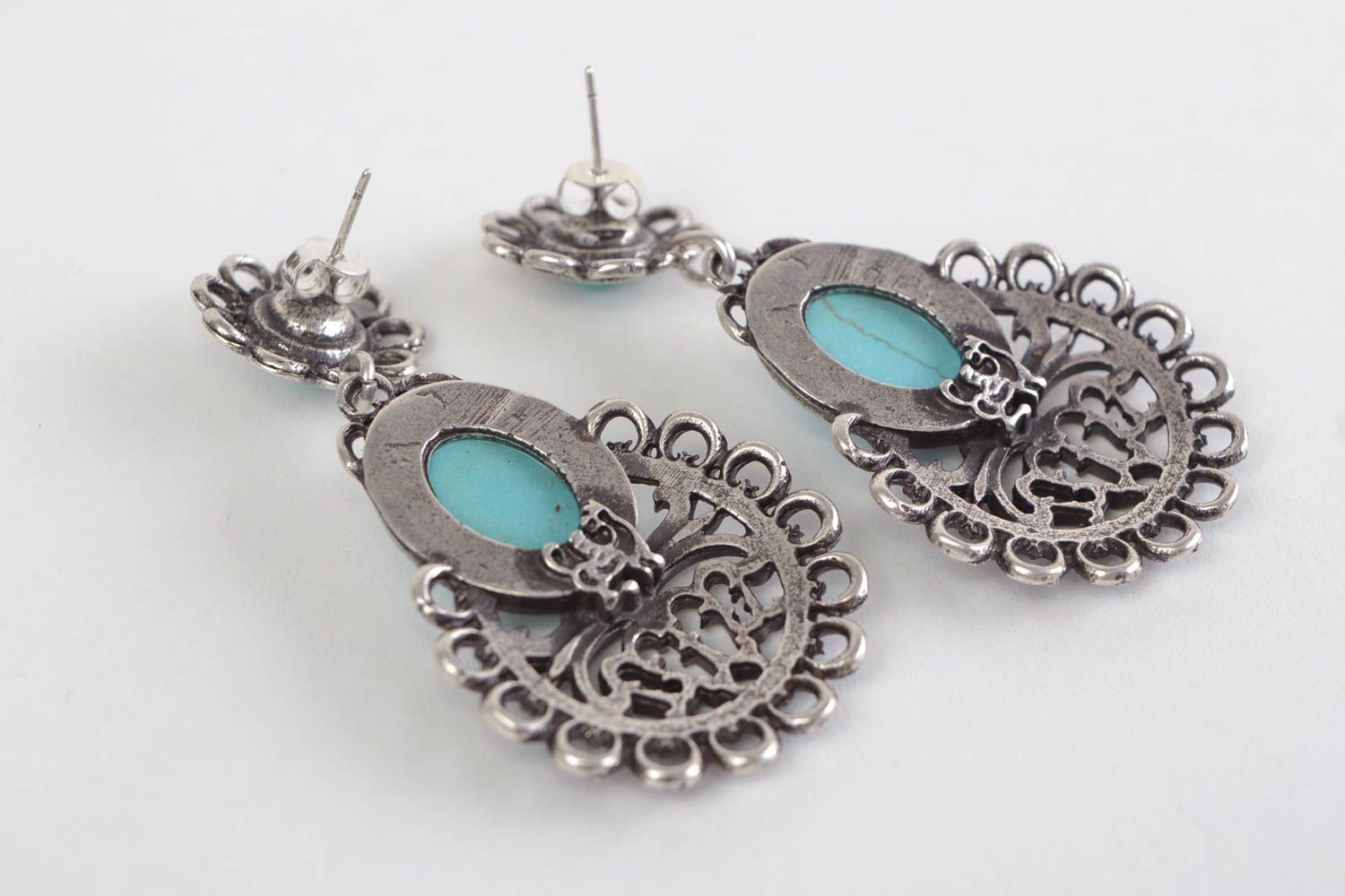 Large handmade elegant metal earrings with turquoise stone photo 4