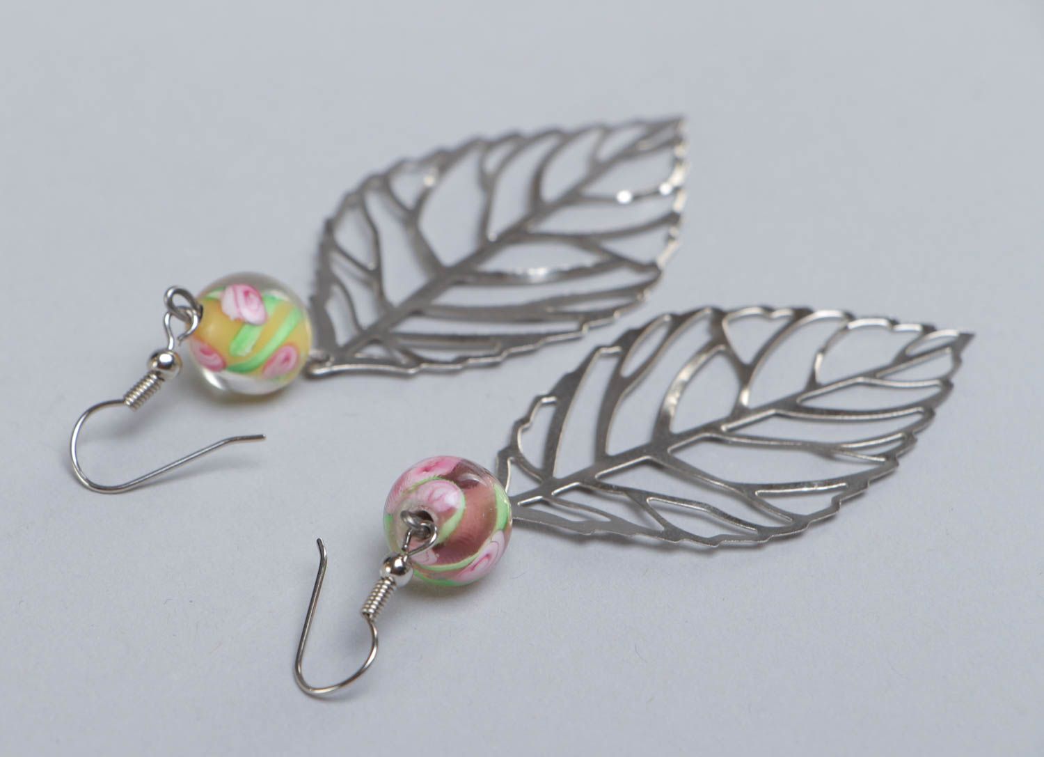 Handmade stylish metal earrings Leaves with glass beads summer designer accessory photo 4