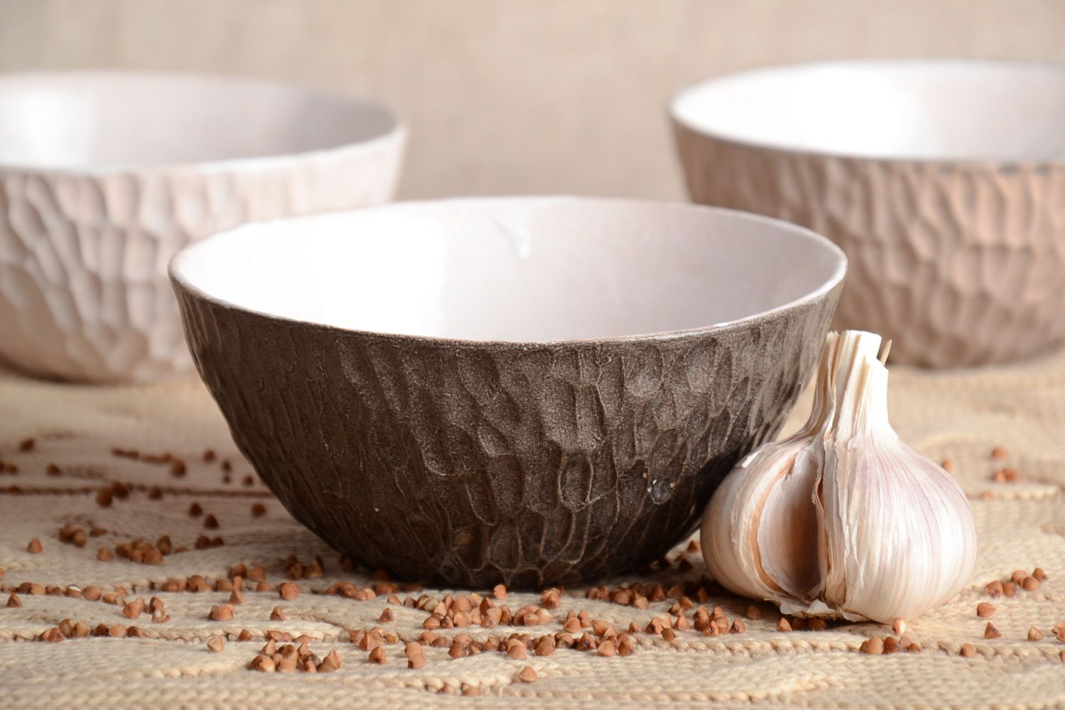 Set of handmade glazed clay bowls 3 items photo 1