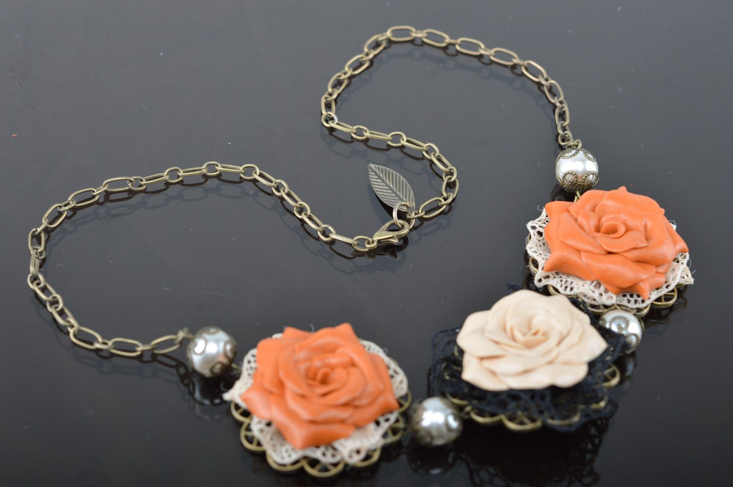 Handmade volume plastic flower necklace with lace Terracotta photo 1