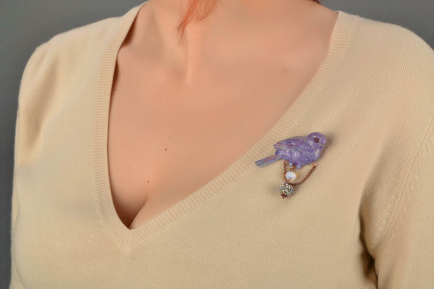 Brooch made of polymer clay with beads handmade purple unusual jewelry Bird photo 1