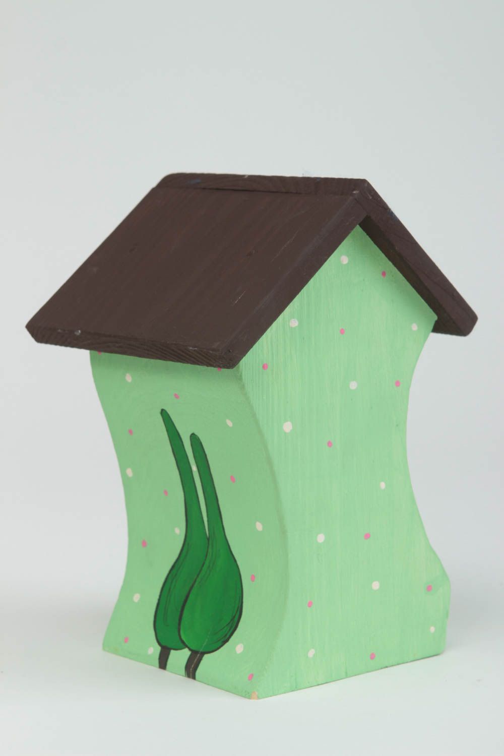 Maisonnette en bois Petite statuette verte fait main design Déco intérieur photo 3