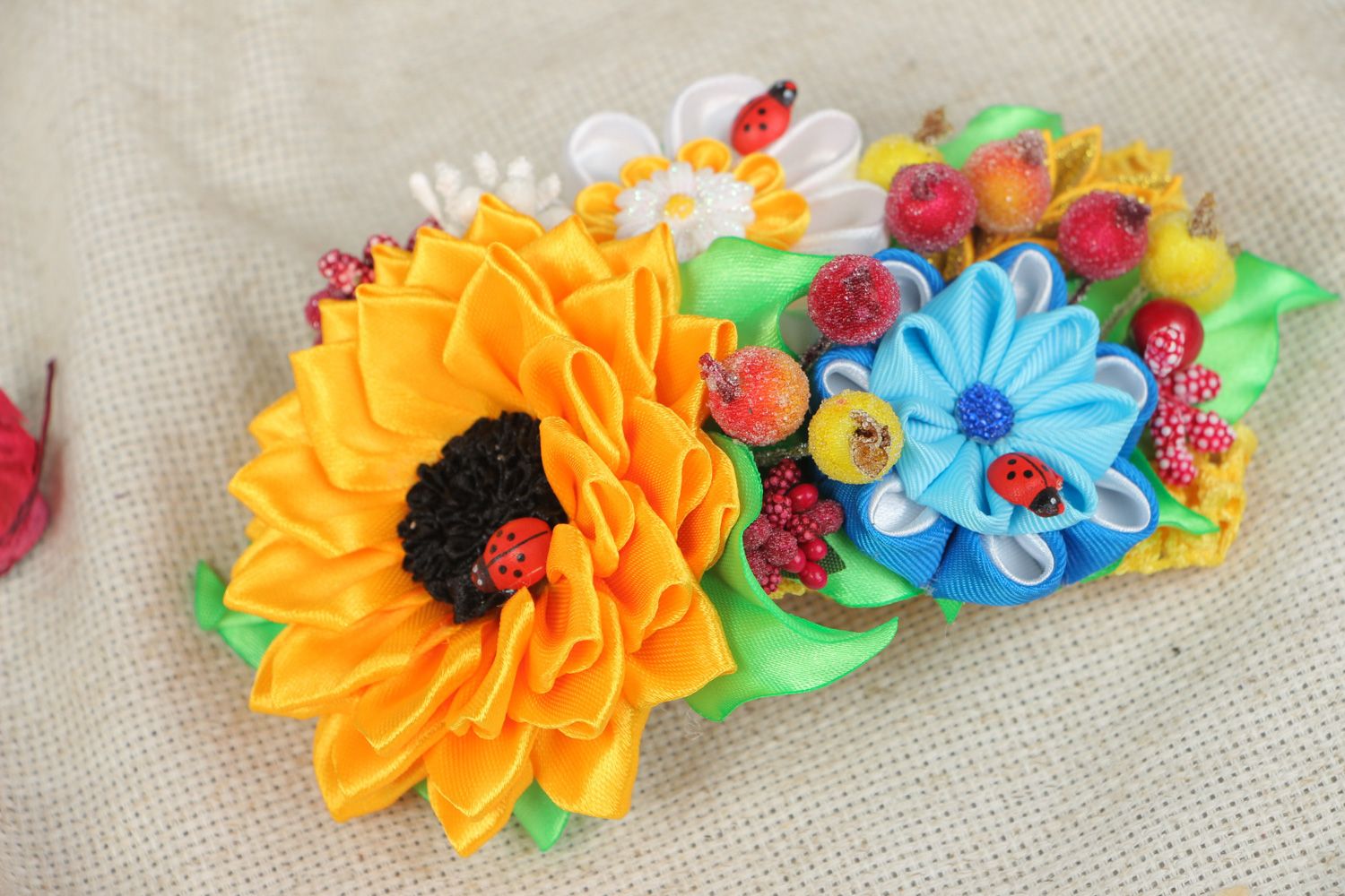 Bright colorful handmade wide elastic headband with artificial flowers photo 5