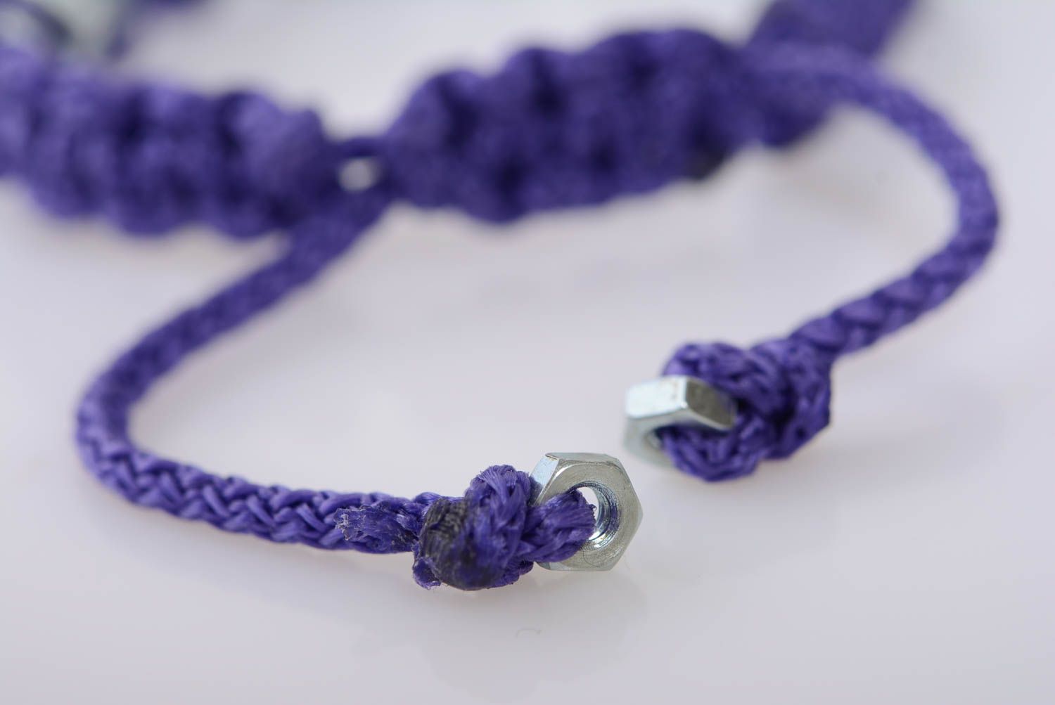 Handmade macrame bracelet made of cord and screw nuts blue drawstring accessory photo 5