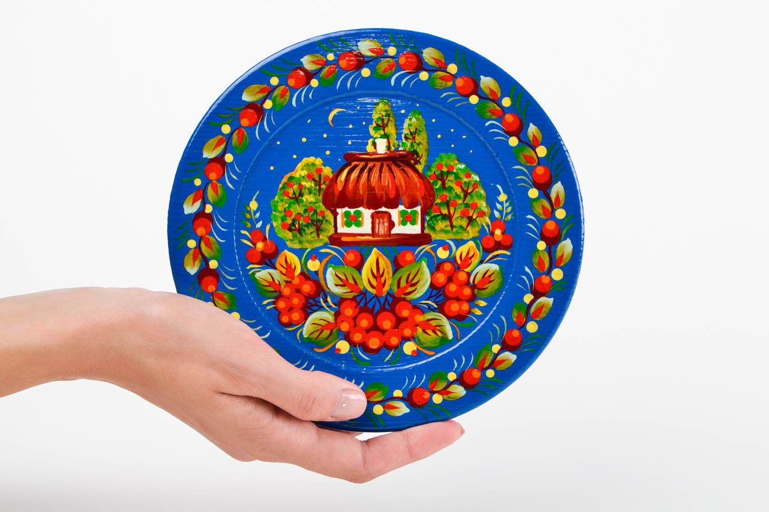 Расписная посуда ручной работы деревянная тарелка синяя расписная тарелка фото 2