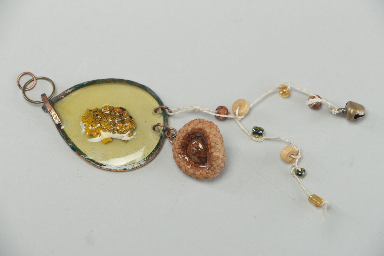 Handmade neck pendant with bark and acorn hat embedded in epoxy resin  photo 1