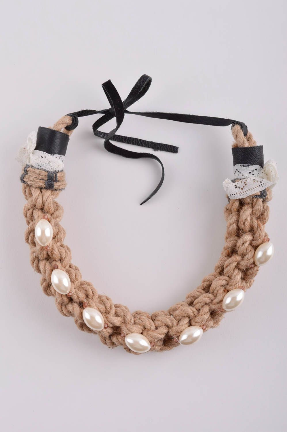 Necklace with artificial pearls handmade cord necklace leather accessories photo 2