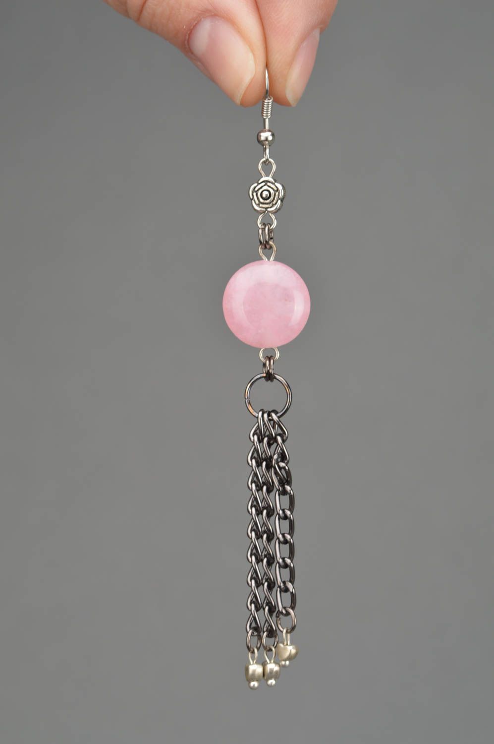 Beautiful homemade designer long metal earrings with pink beads photo 3