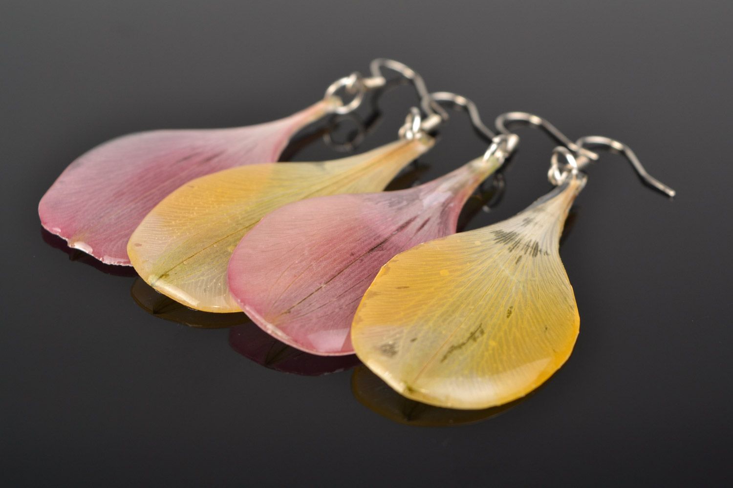 Handmade yellow and pink dangle earrings with flowers in epoxy resin 2 sets photo 1