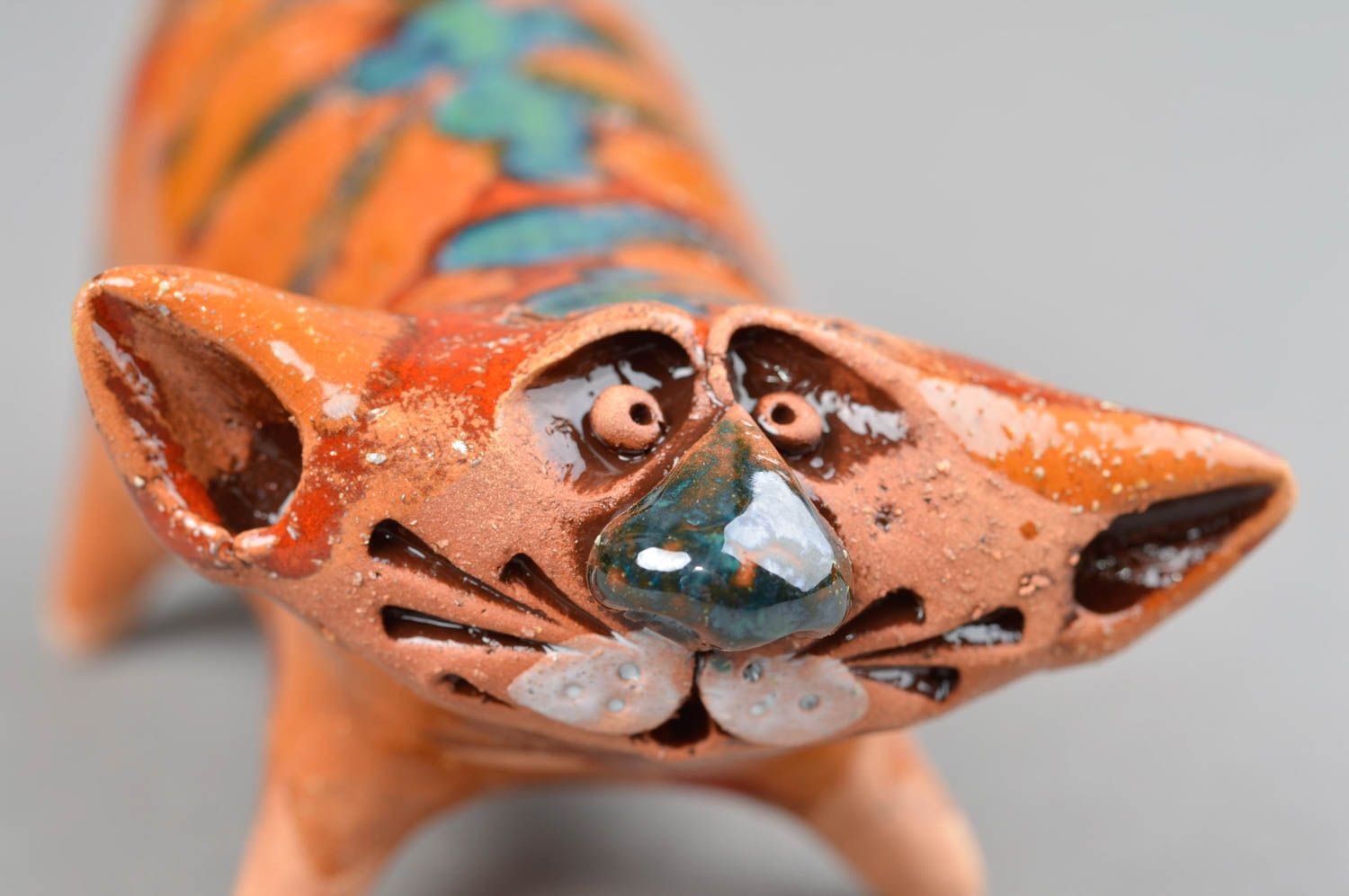 Figurine en argile faite main peinte de glaçure colorée Gros chat orange photo 5