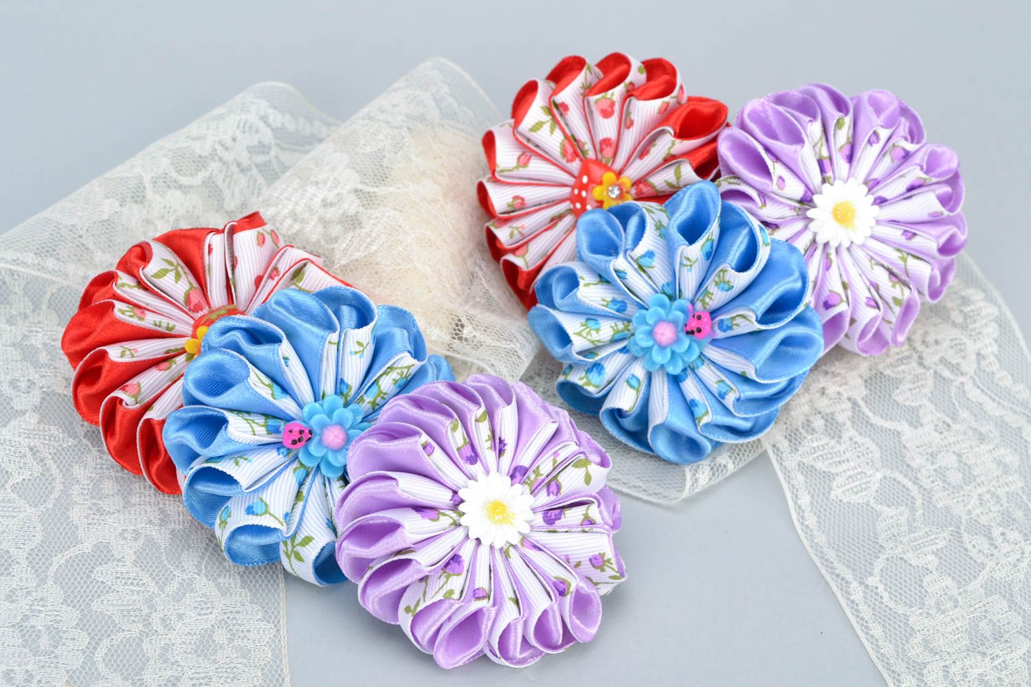 Handmade beautiful kanzashi scrunchies with satin ribbon flowers set of 6 pieces photo 1