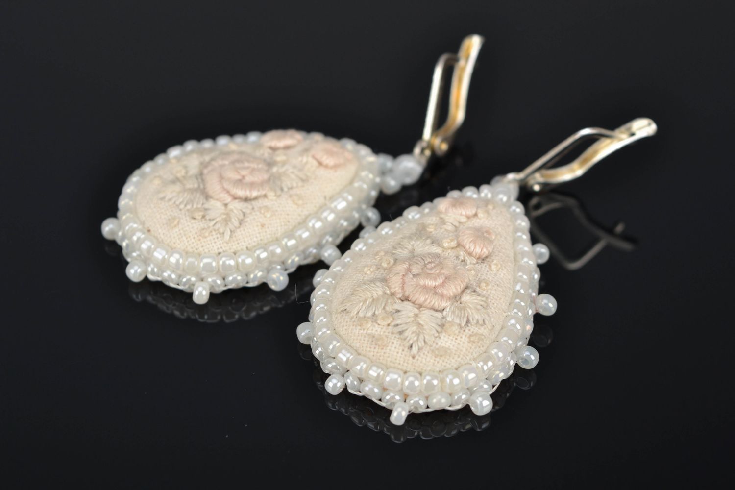 Satin stitch embroidered earrings with beads White Drops photo 1