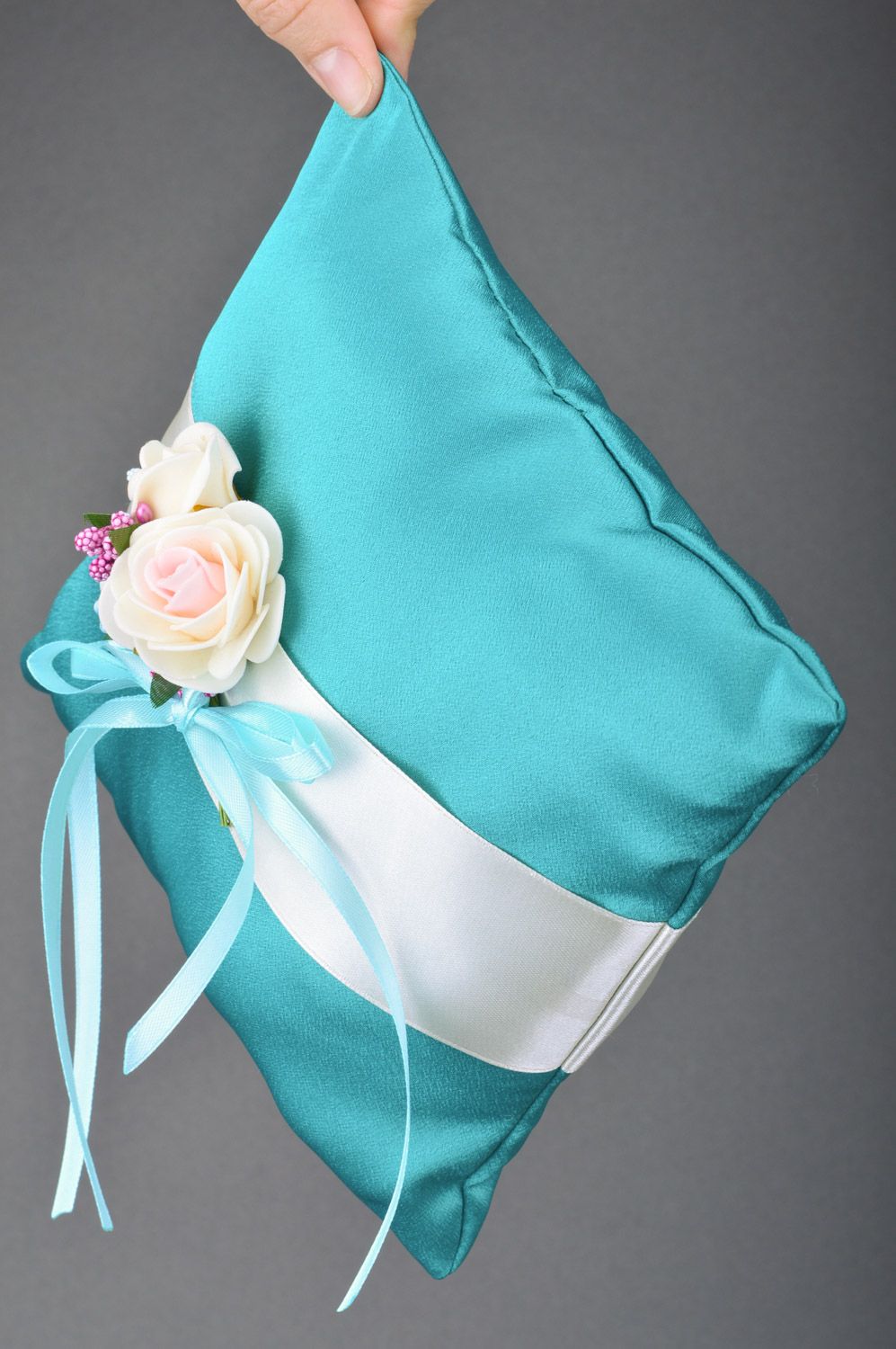 Handmade wedding rings bearer pillow sewn of blue satin with tender flowers  photo 3