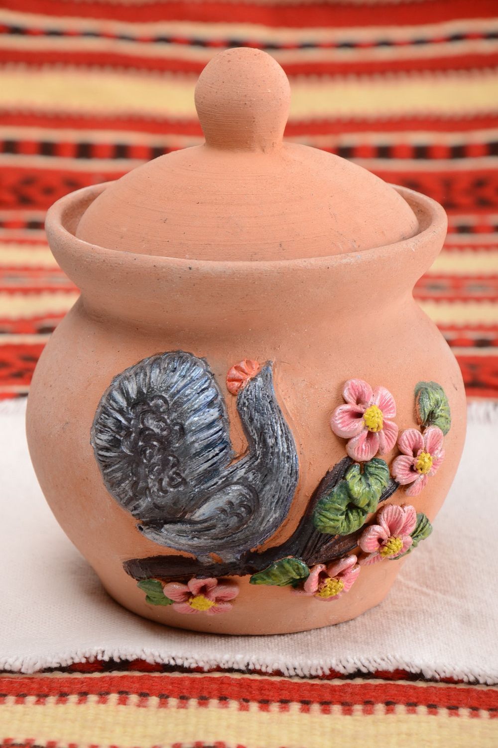 Schöne bemalte Keramik Zuckerdose mit Deckel aus Töpferton 500 ml Handarbeit foto 1