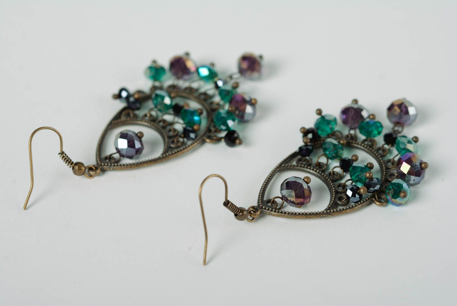 Beautiful green handmade designer crystal bead earrings on metal basis average size photo 5