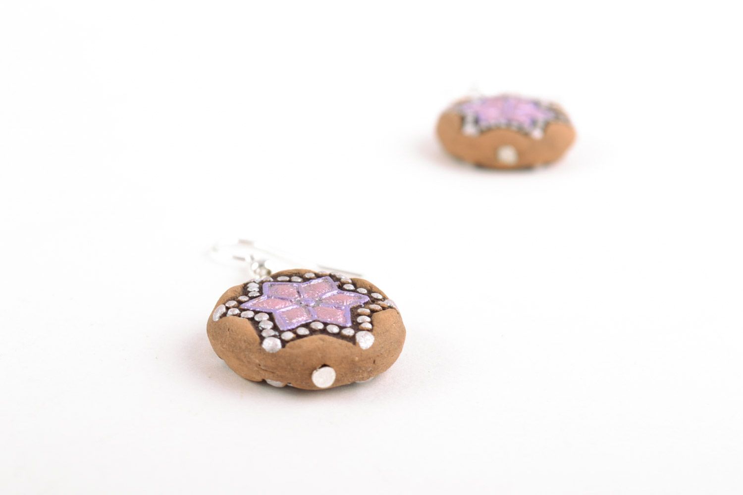 Small round handmade ceramic dangling earrings with tender violet ornament photo 4