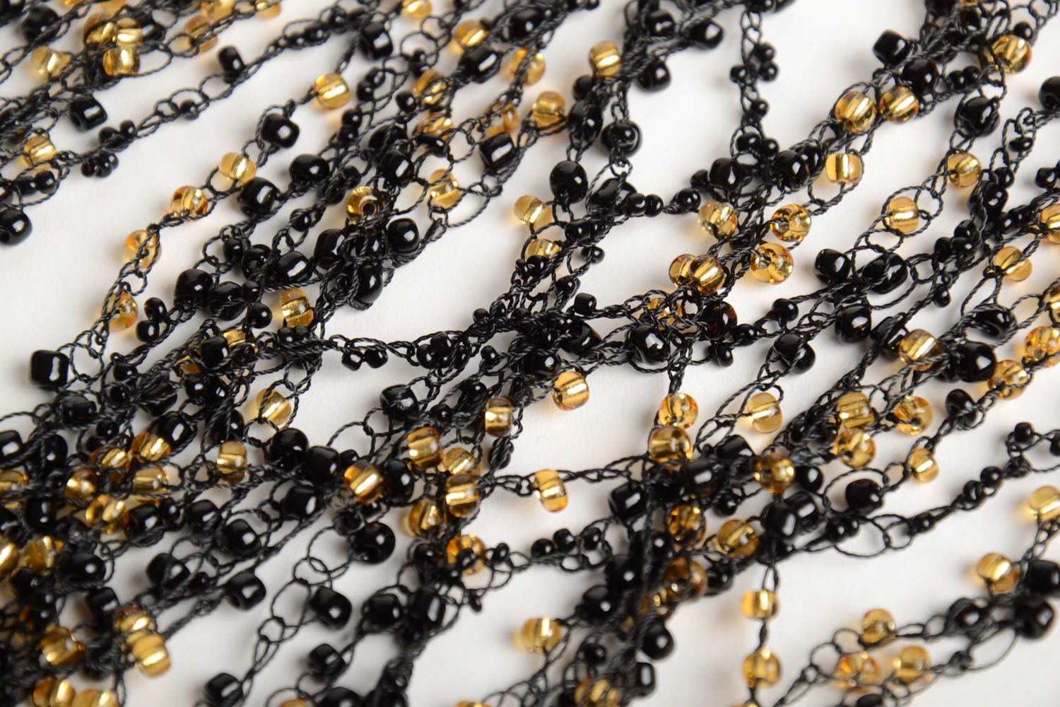 Handmade long massive necklace crocheted of black and golden Czech beads photo 4