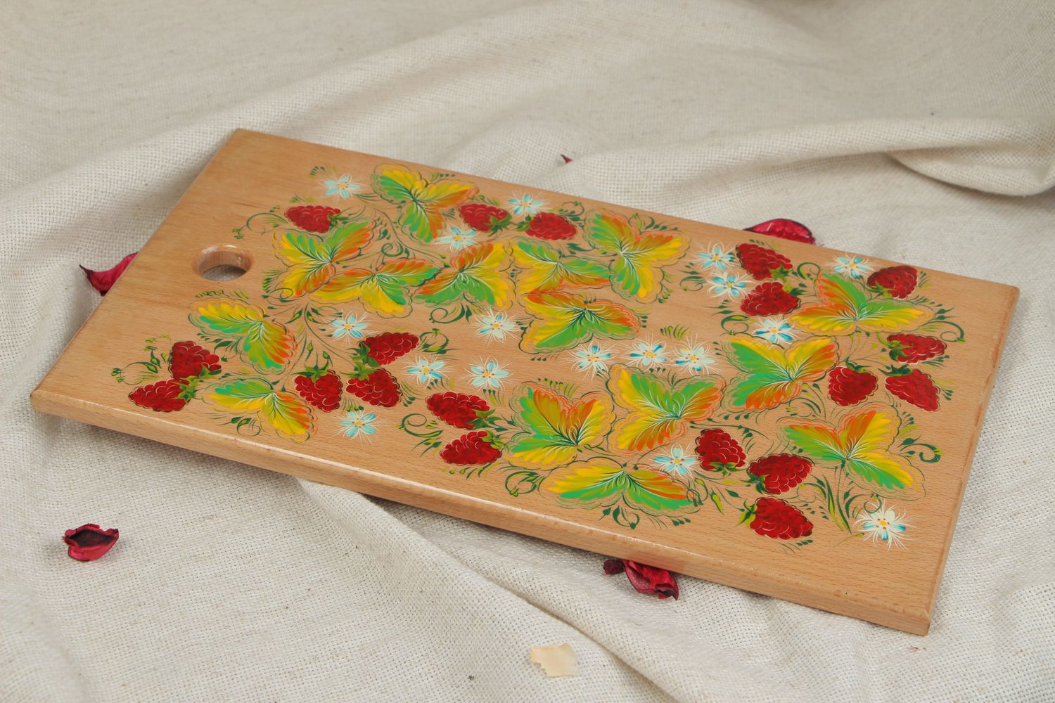 Handmade decorative wooden cutting board with Petrikivka painting in ethnic style photo 5