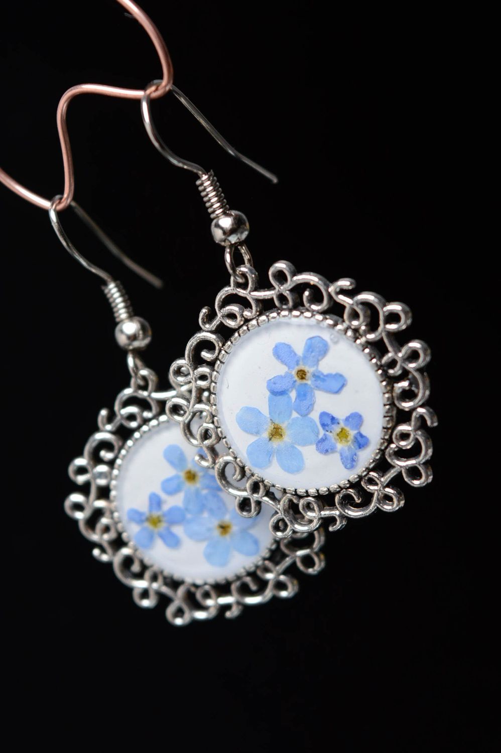 Vintage earrings with forget-me-not flowers coated with epoxy resin photo 2