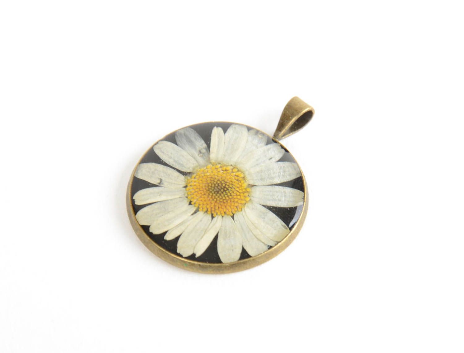 Handmade round neck pendant with real flowers coated with epoxy Camomile photo 4
