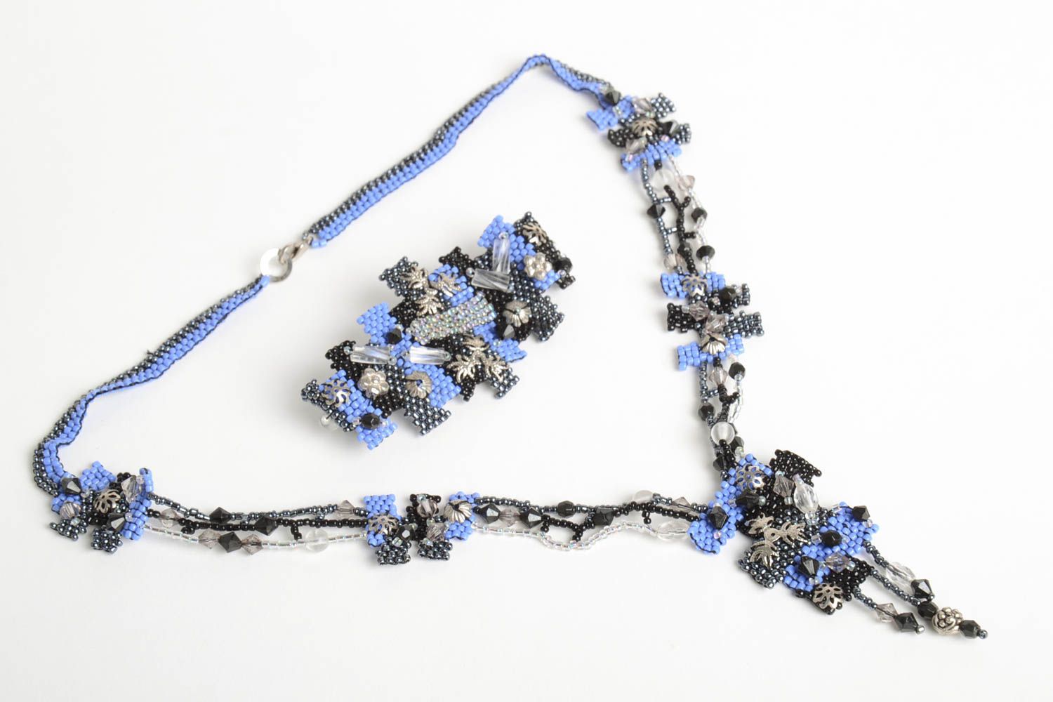 Bijoux fait main Collier femme Bracelet fantaisie perles de rocaille bleu noir photo 2