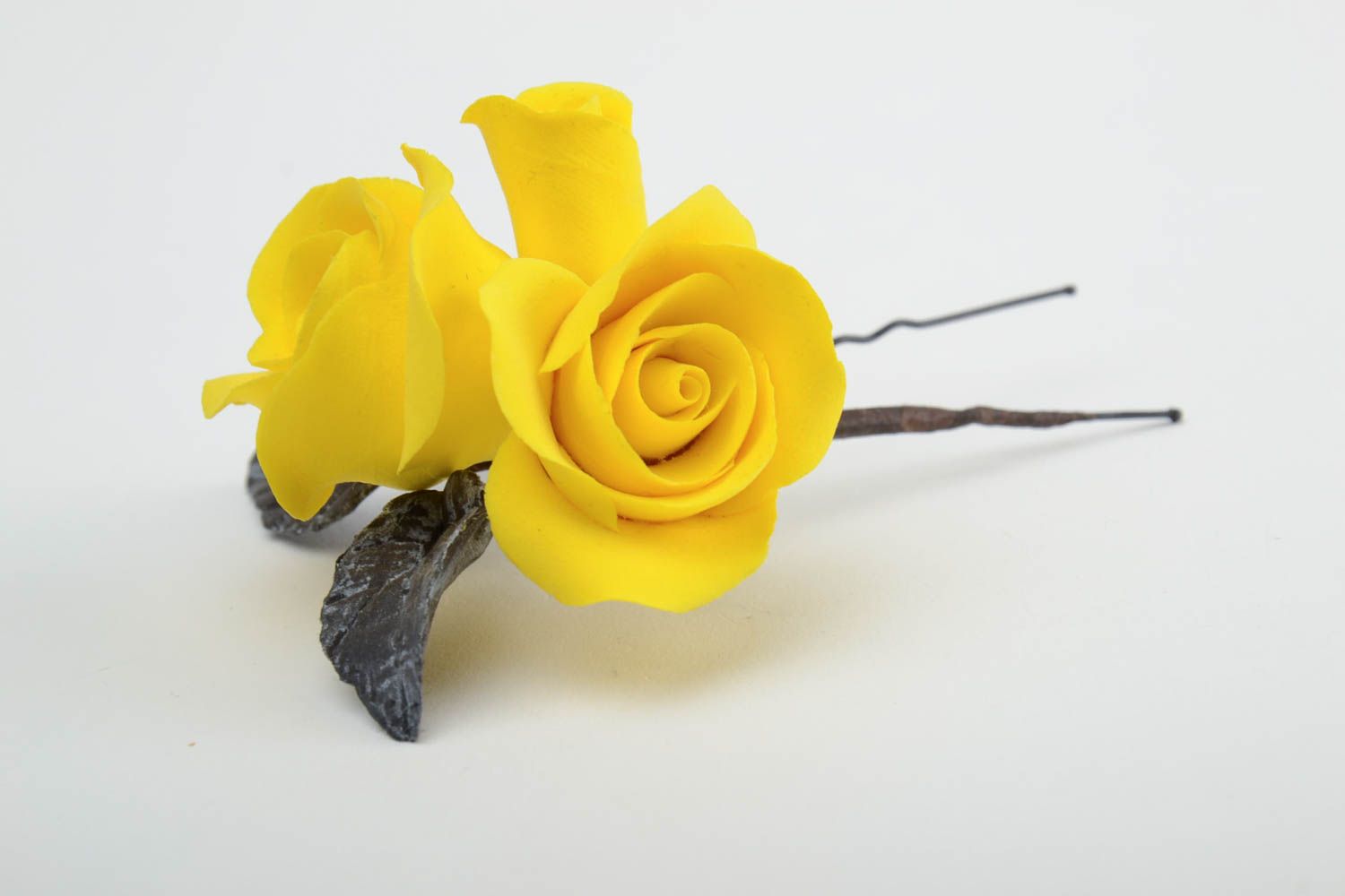 Handmade decorative metal hair pin with bright yellow self hardening clay flowers photo 4