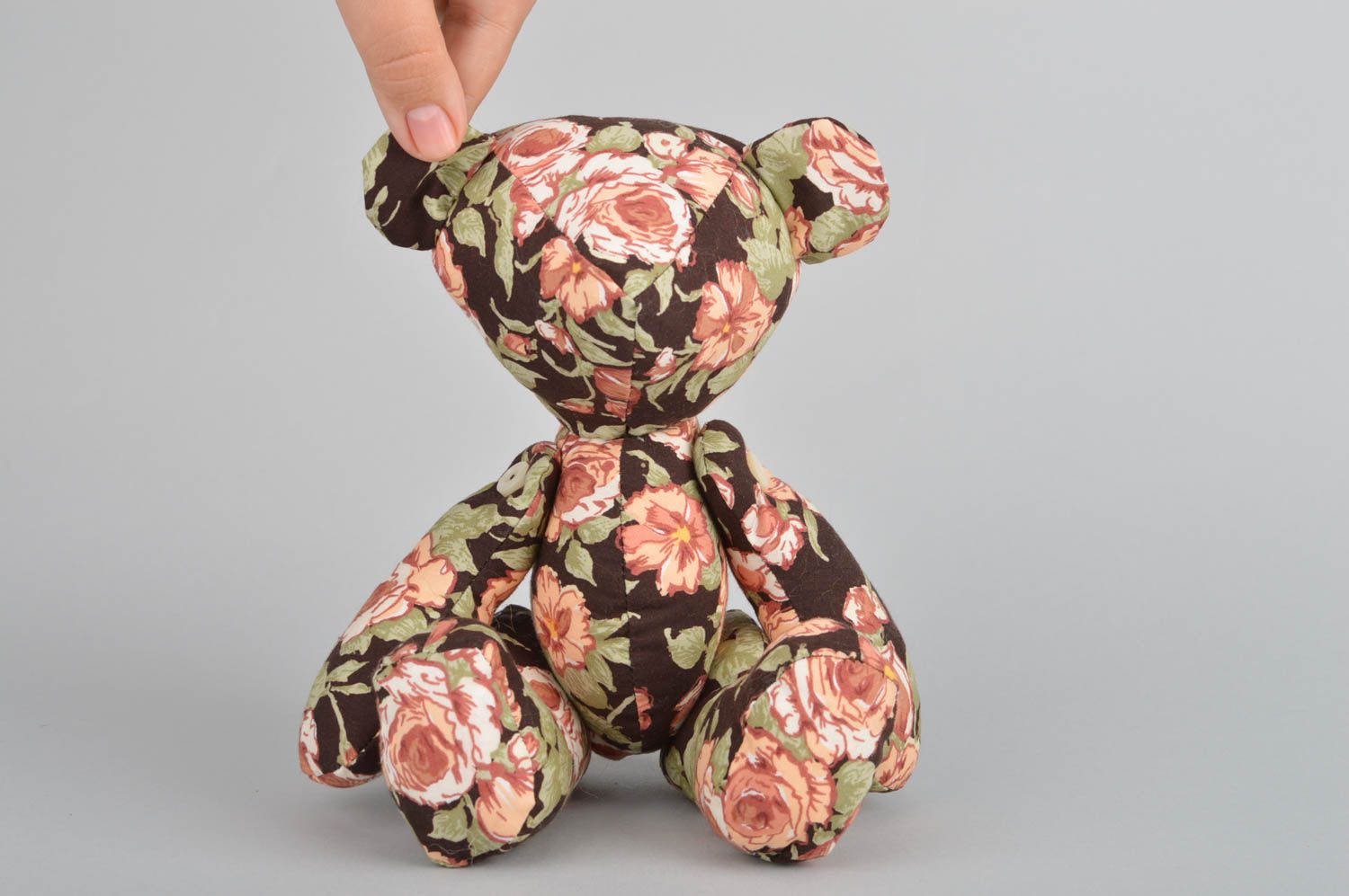 Beautiful handmade children's cotton fabric soft toy bear with flower print photo 3
