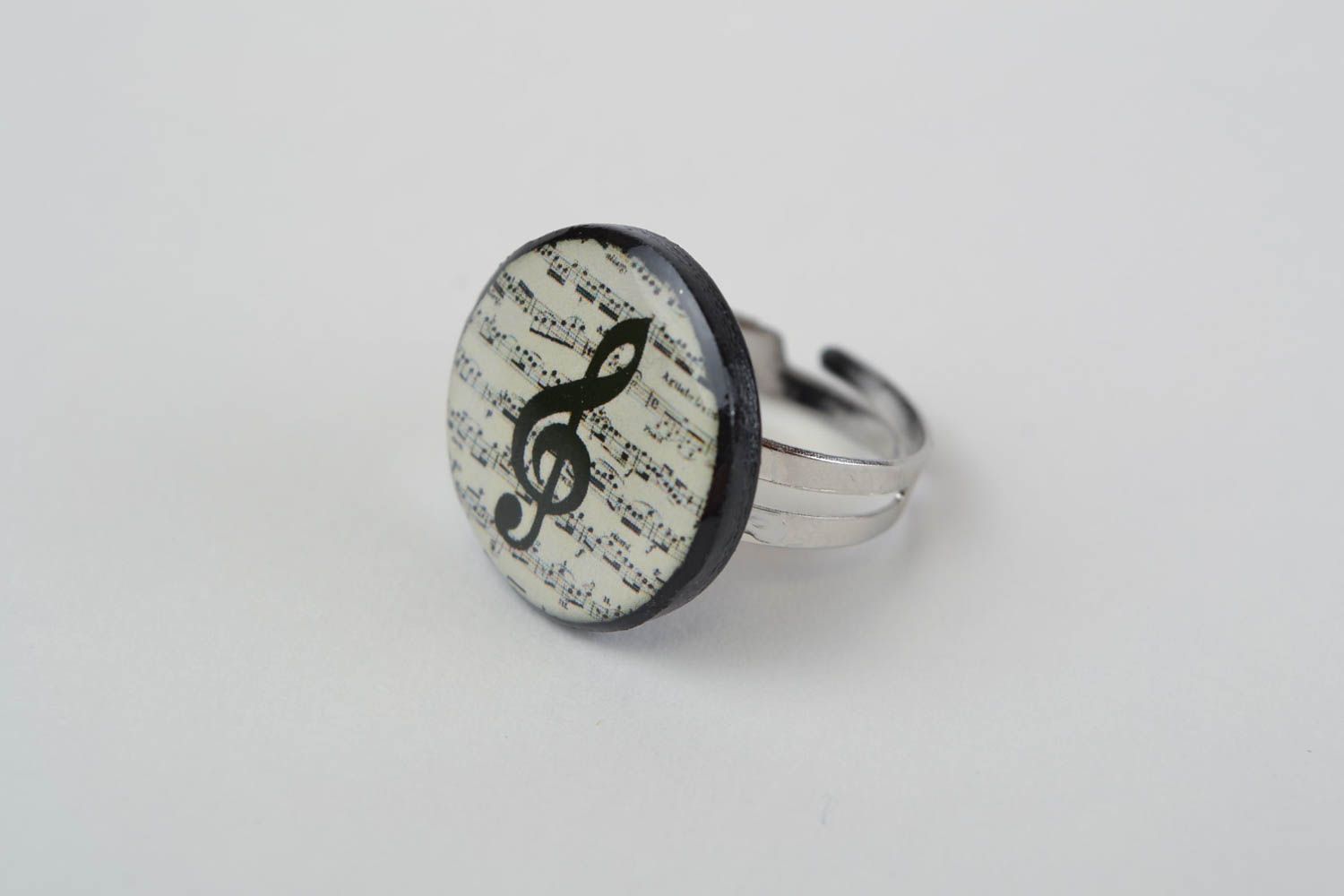 Handmade round polymer clay decoupage jewelry ring with tremble clef image photo 4