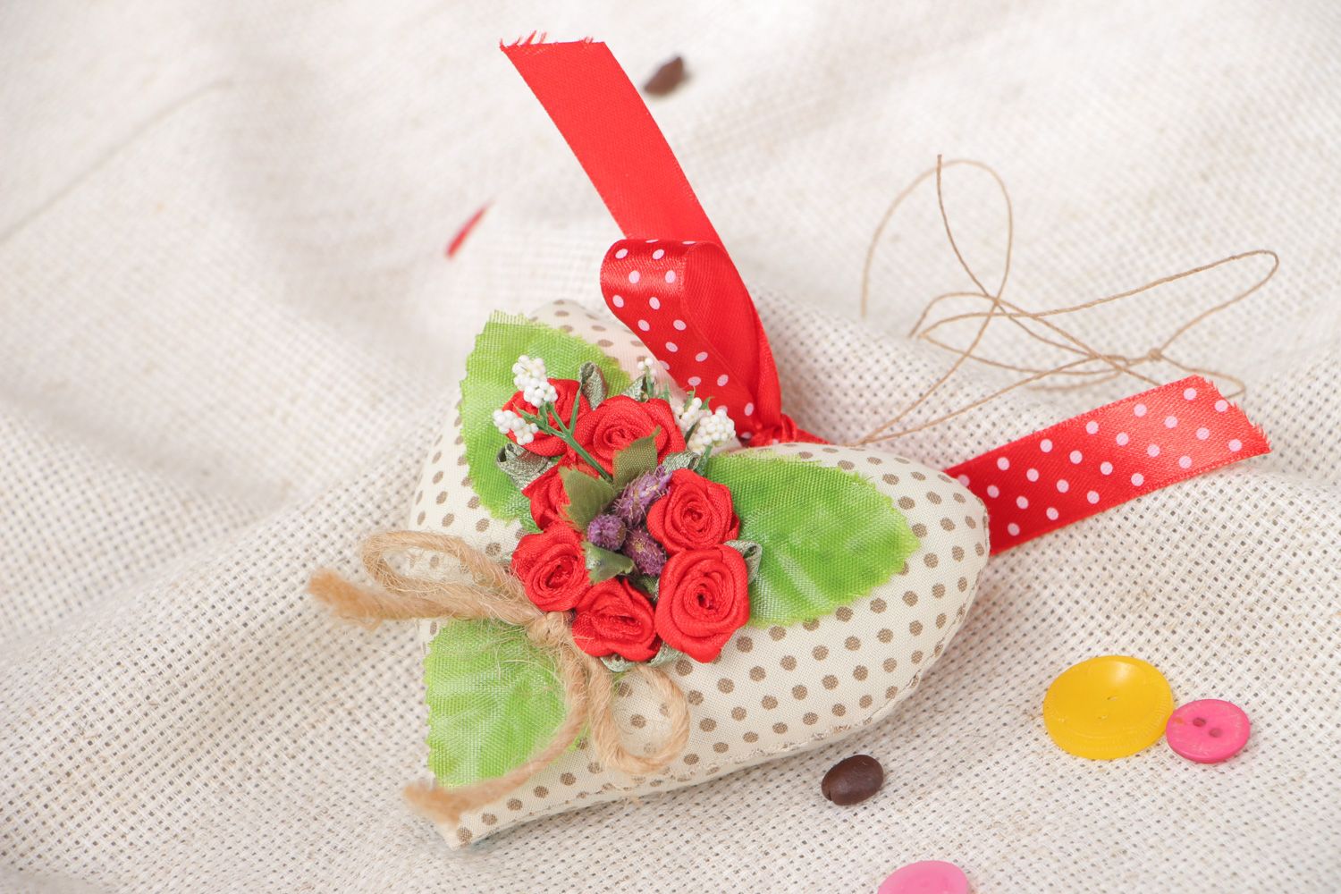 Handmade fabric soft interior pendant heart with ribbon flowers for home decor photo 5