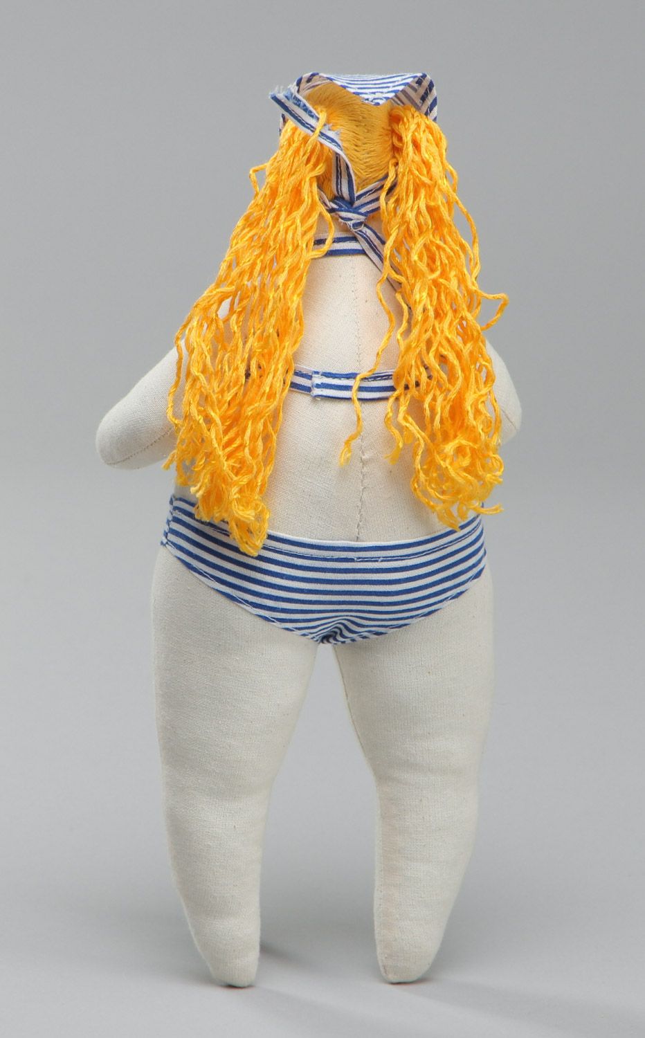 Handmade soft toy sewn of cotton and linen Girl with yellow hair in swimming suit photo 4