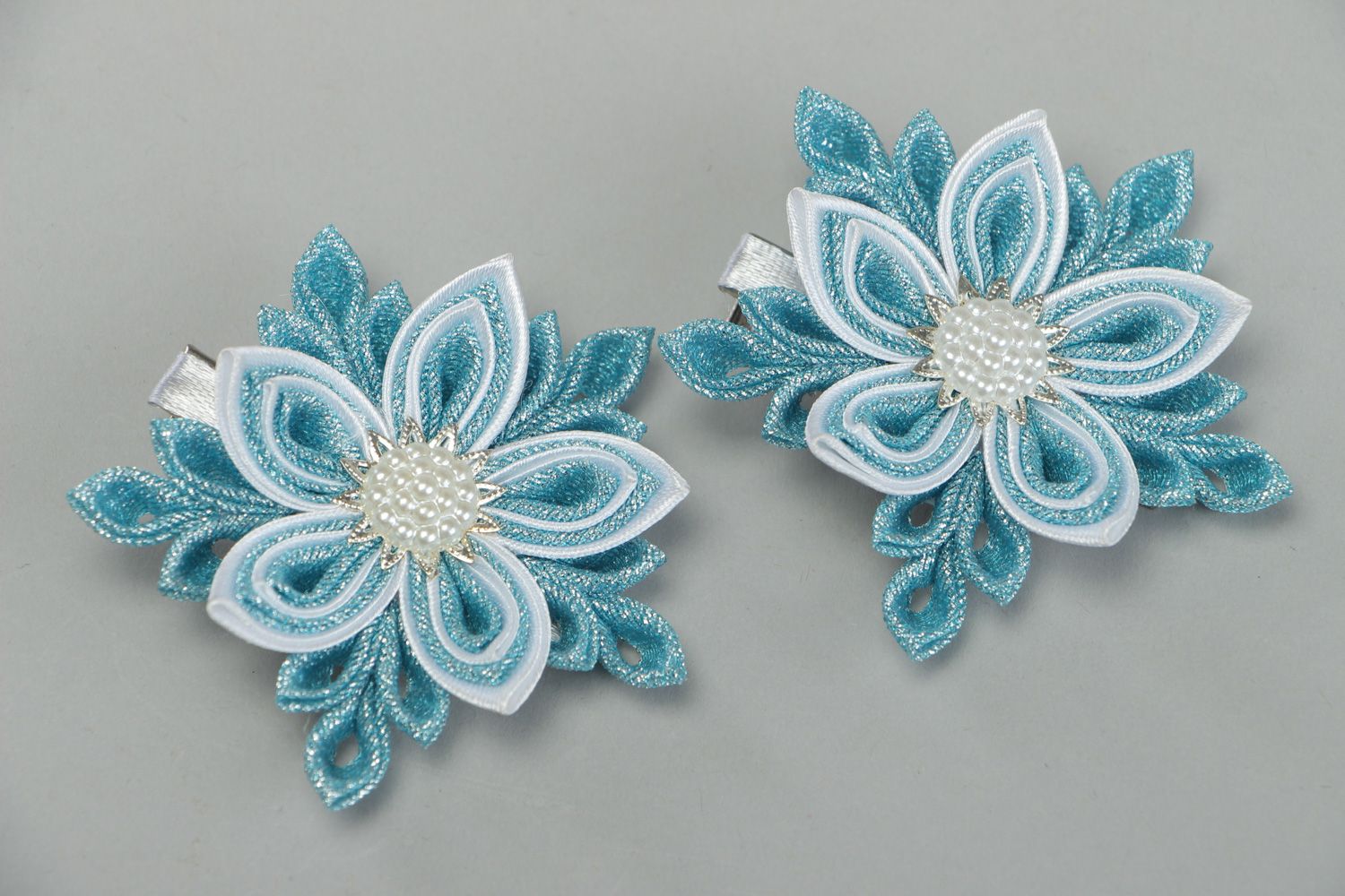 Set of handmade hair clips with satin and brocade kanzashi flowers in blue color photo 1