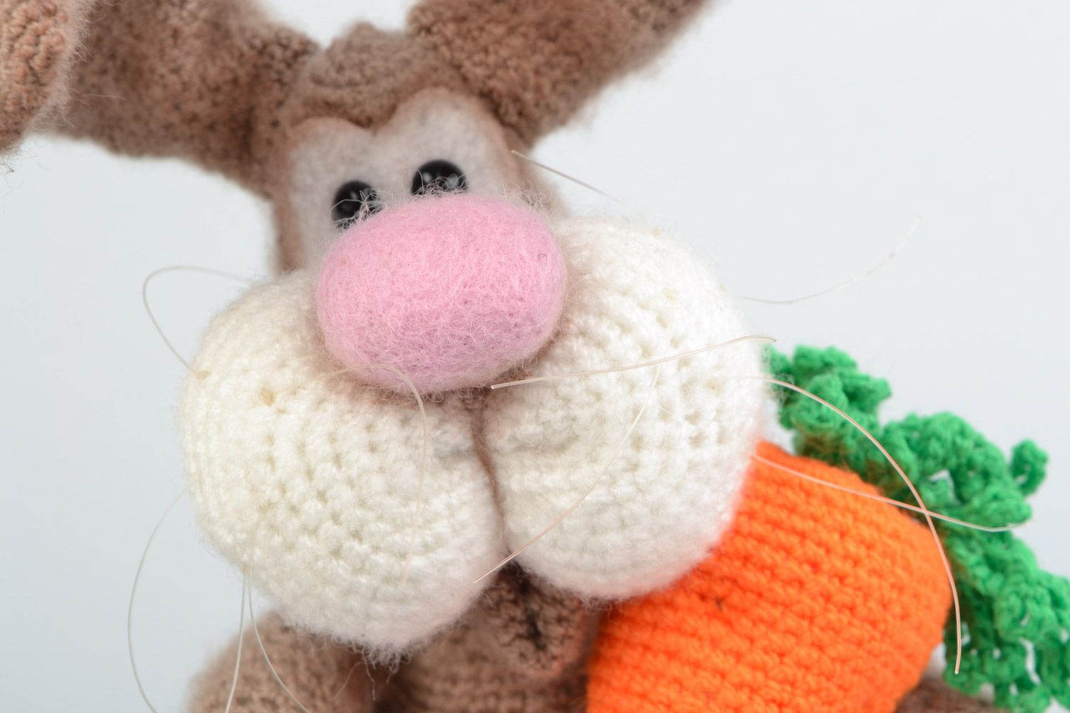 Handmade crocheted soft toy made of mohair and acrylic threads bunny with carrot photo 3