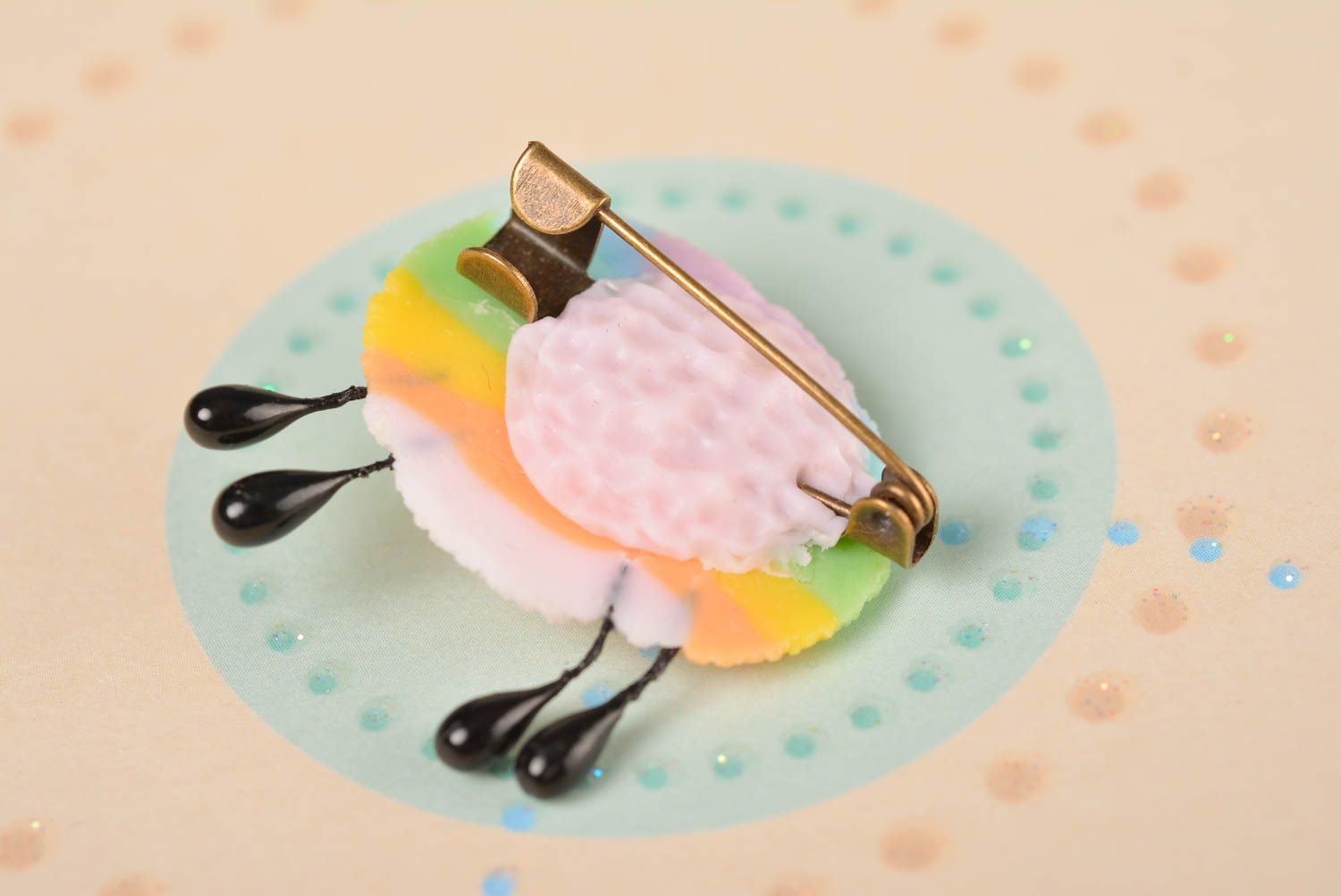 Funny small handmade children's brooch molded of polymer clay colorful lamb photo 2
