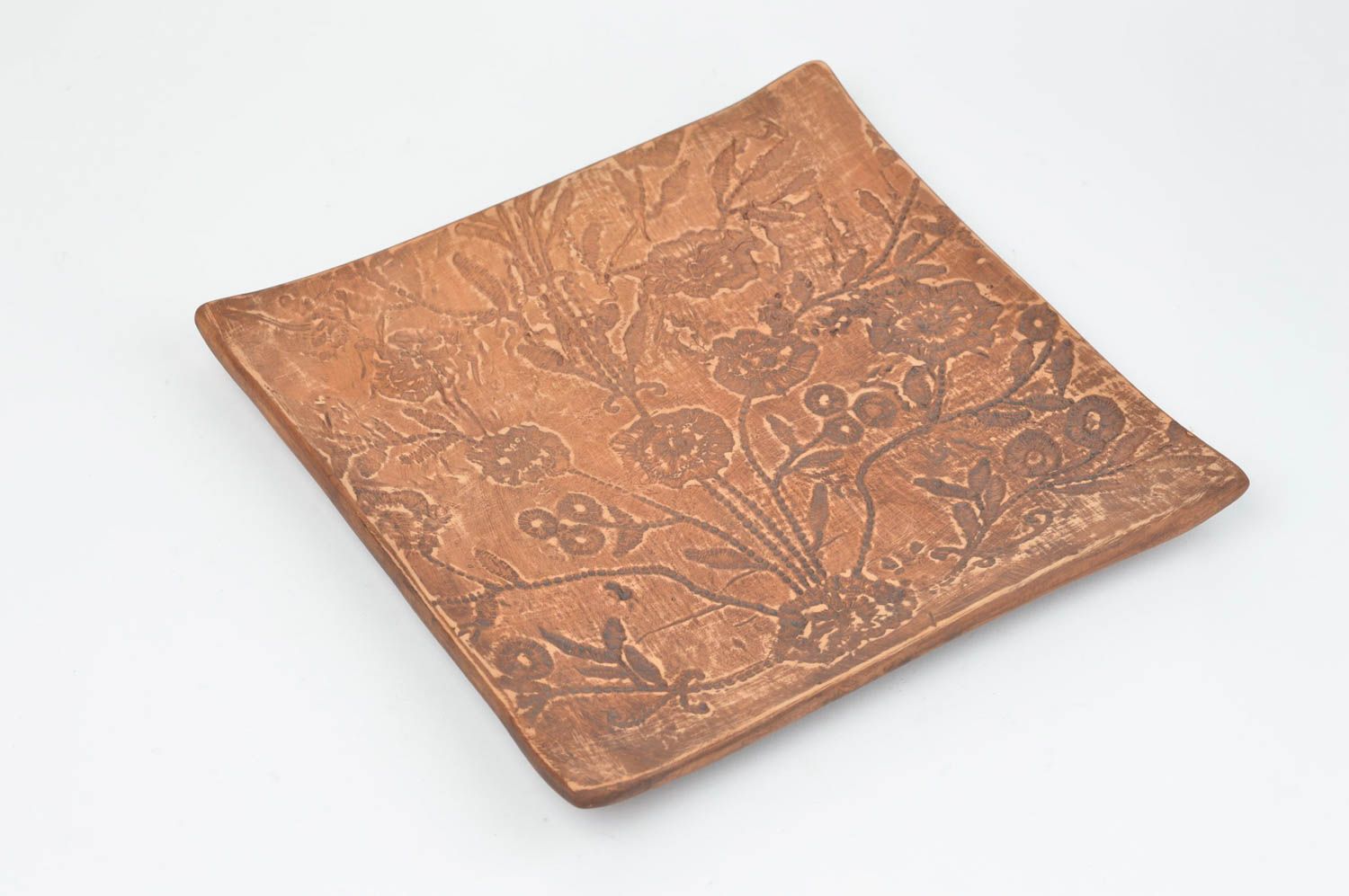 Assiette plate carrée en argile à motif floral marron faite main originale photo 2