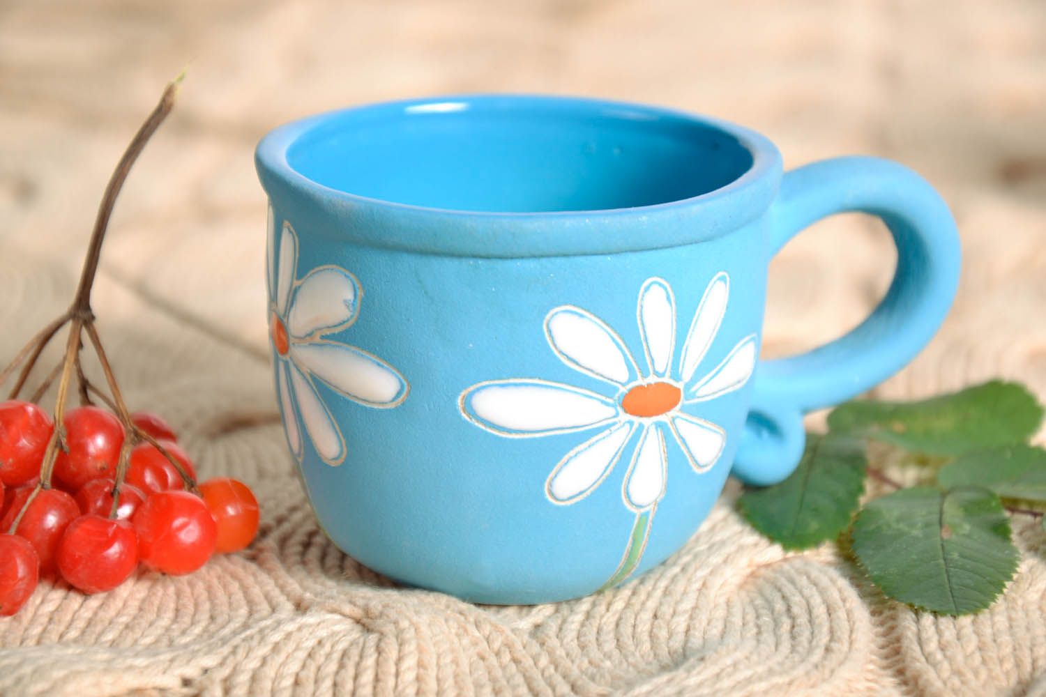 Art ceramic cup Camomile in blue and white color with handle photo 1