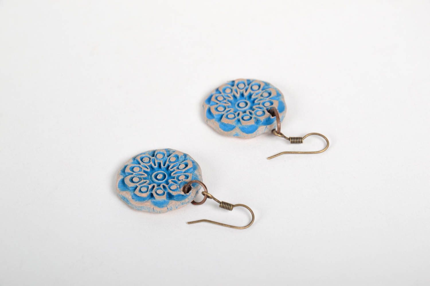 Handmade accessories round shaped ceramic earrings beautiful flower earrings photo 4