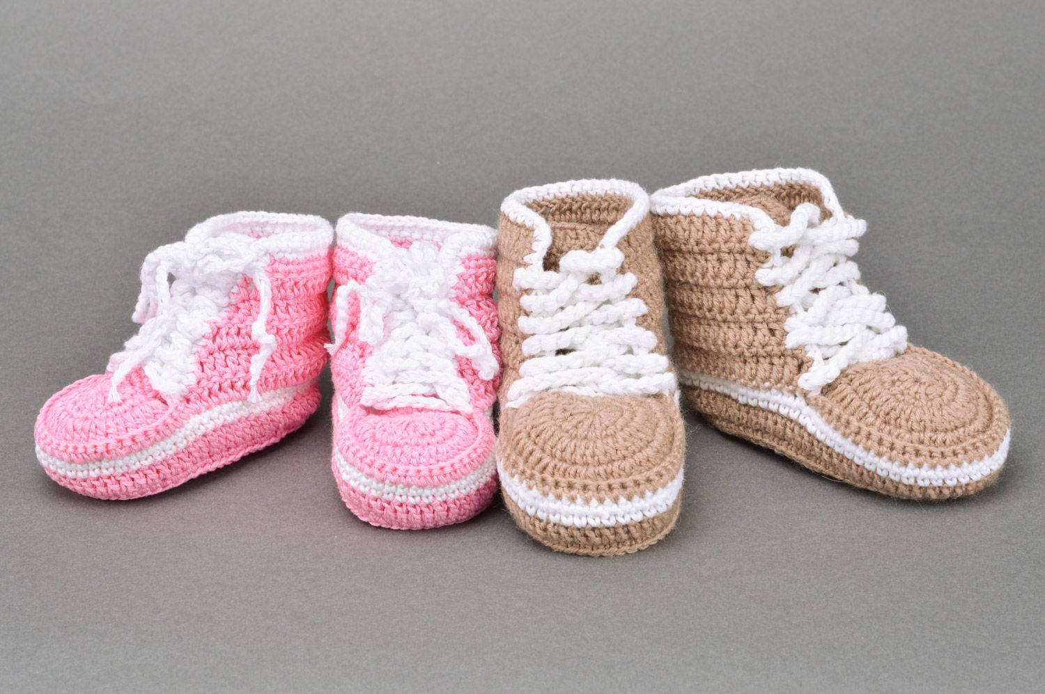 Set of handmade crocheted baby booties made of acrylic yarns brown and pink 2 piece photo 2